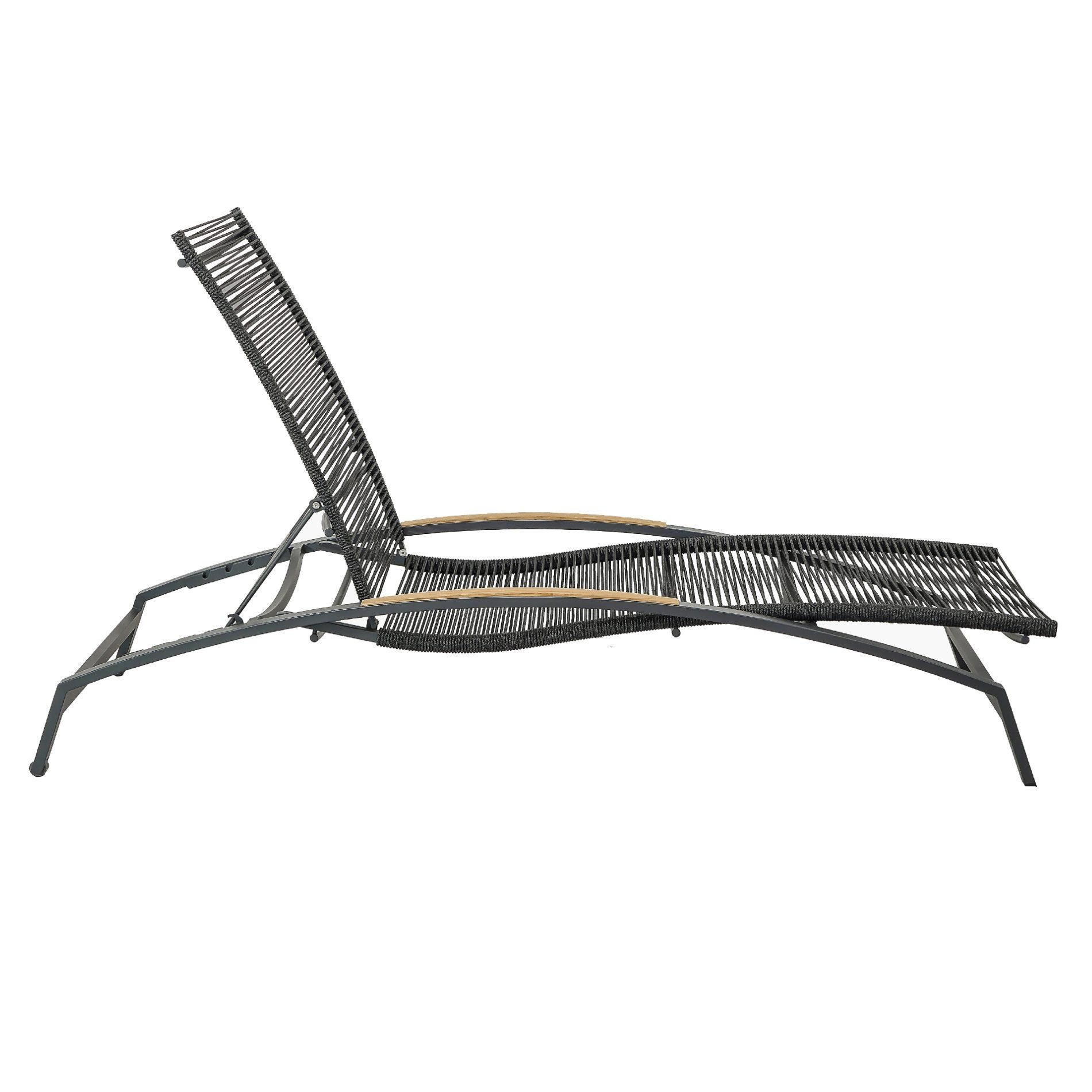CASA DOMA Gartenliege Mineo, Sonnenliege 4-fach verstellbar, 2 Rollen, Edelstahl anthrazit, Teakholz-Armlehnen, Rope-Bespannung