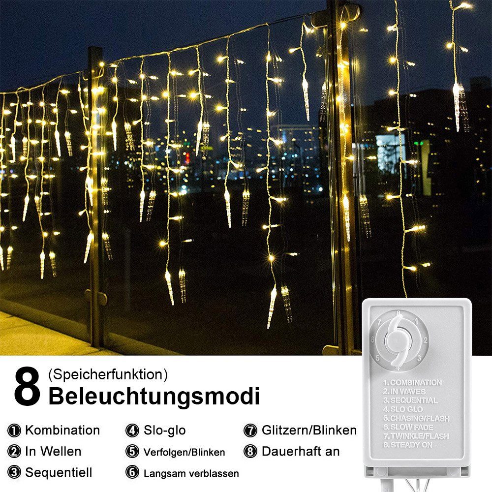 Rosnek LED-Lichtervorhang wasserdicht, Modi, 8 Memory-Funktion; für anschließbar Eiszapfen-Anhänger, Traufe Weihnachtsdeko, Warmweiß