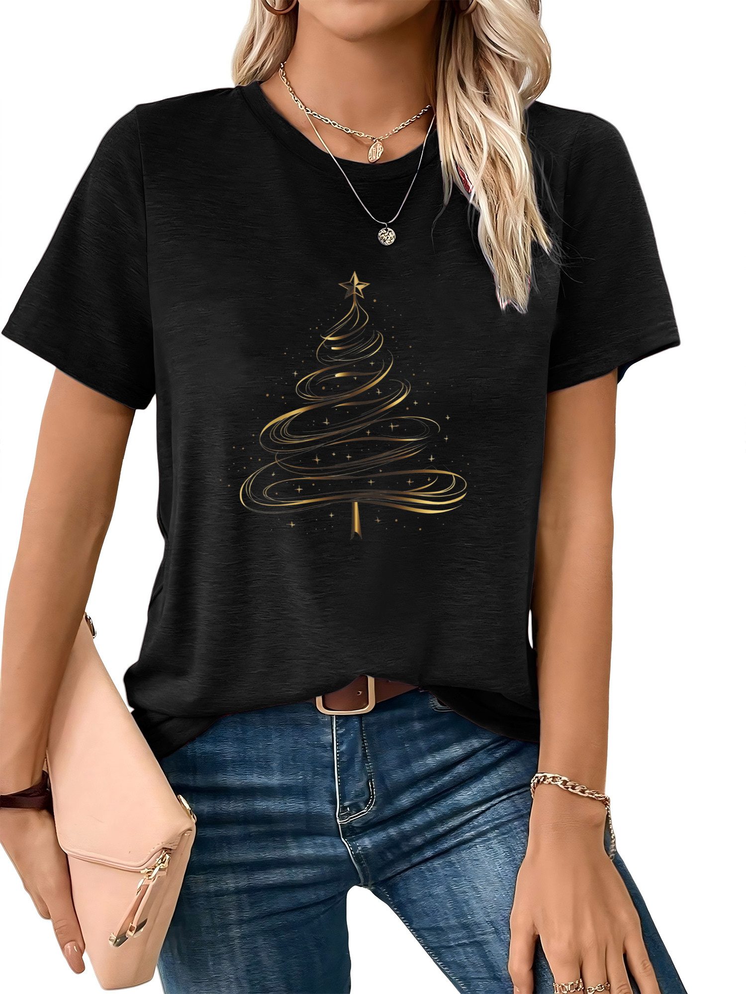 PYLIKE Kurzarmshirt Damen bequemes Kurzarmbluse Weihnachtsbaum Print-Shirt günstig online kaufen