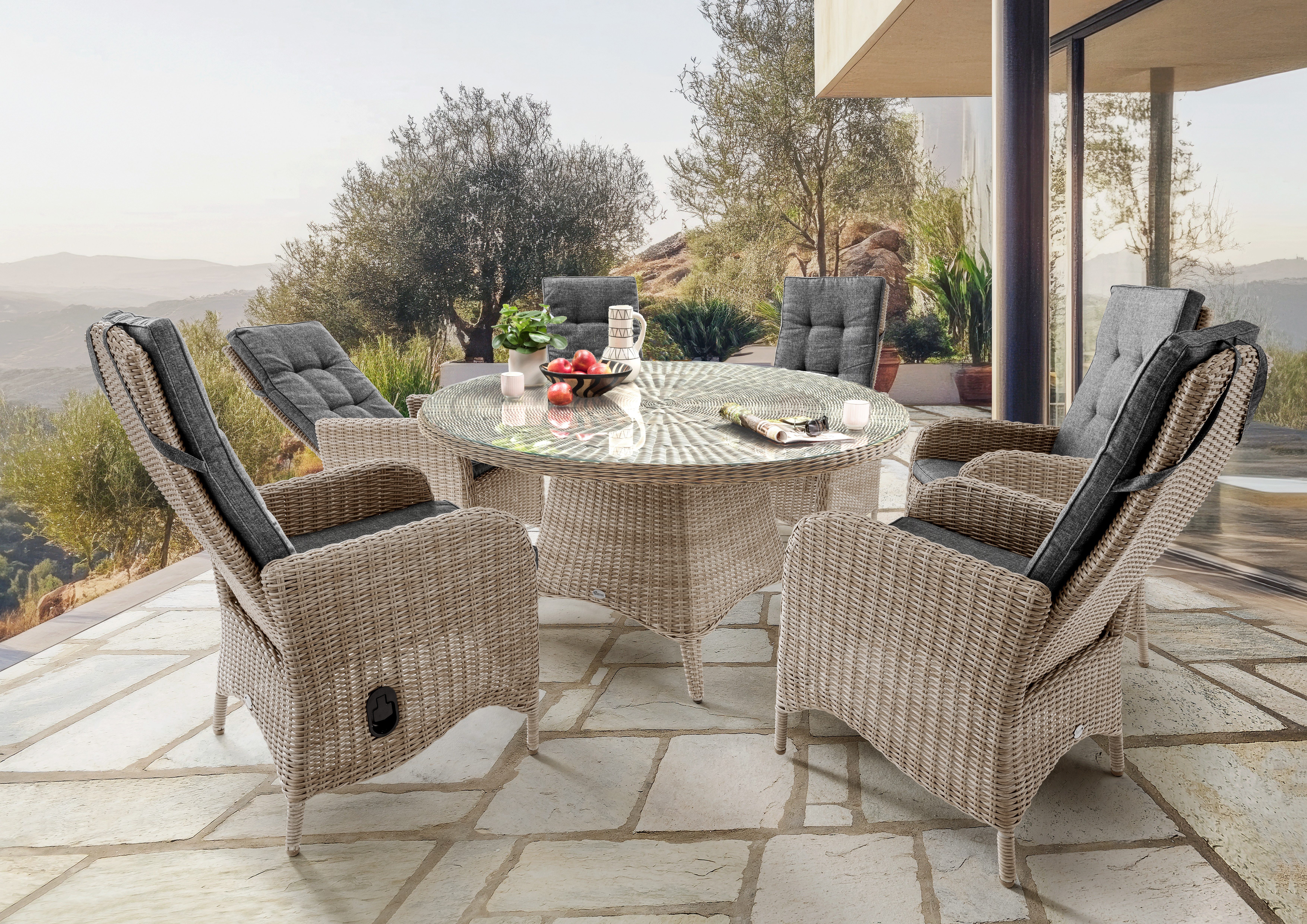 Destiny Garten-Essgruppe PALMA LUNA, 6 Hochlehner, 1 Tisch Ø 150x75 cm, inkl. Polster