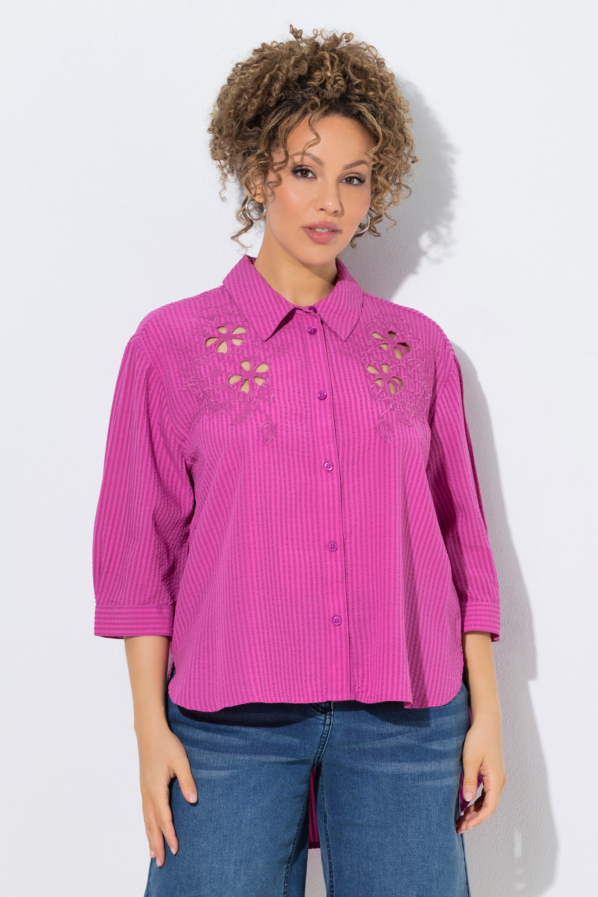 Ulla Popken Hemdbluse Hemdbluse Seersucker Stickerei Hemdkragen 3/4-Arm