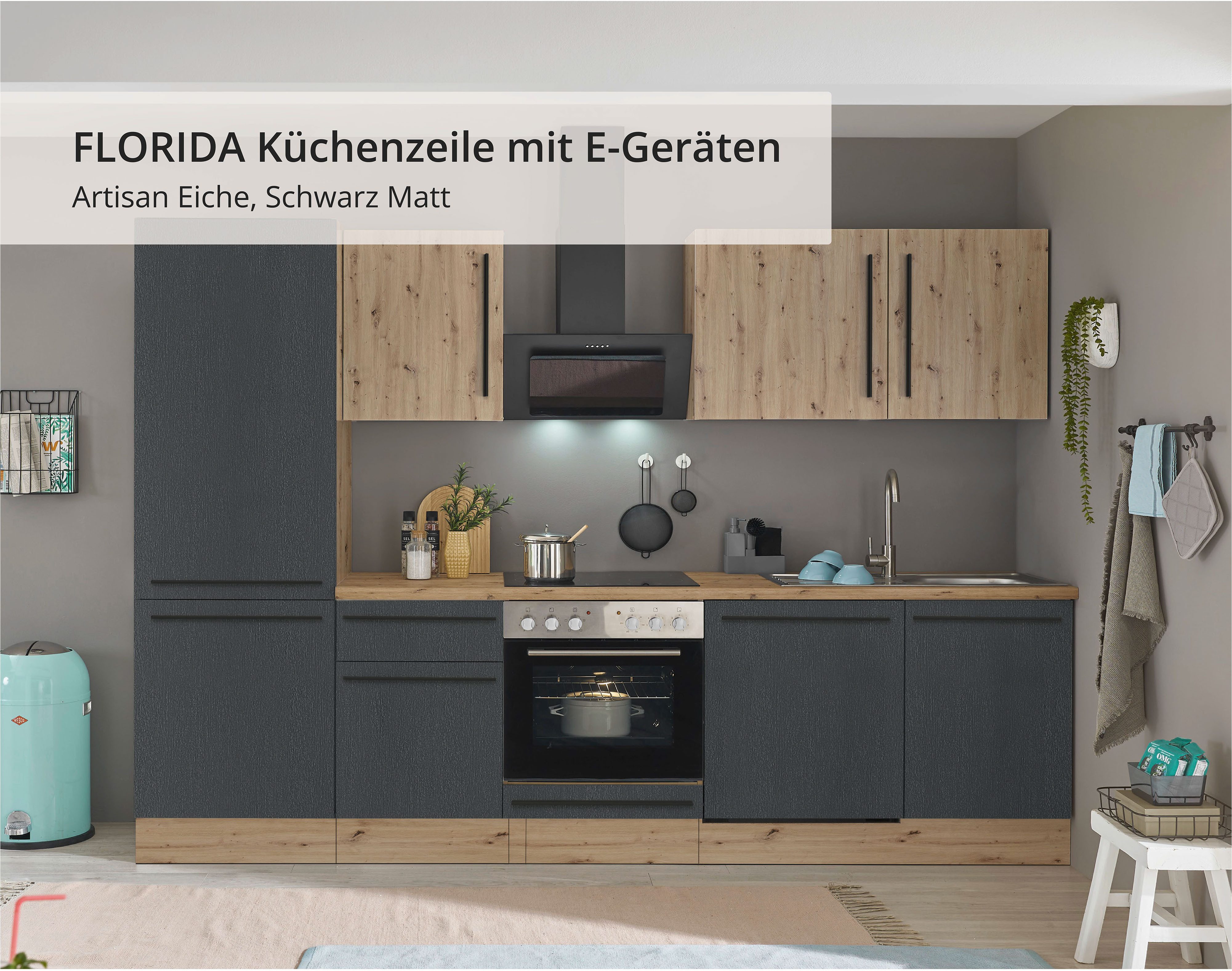 KOCHSTATION Küchenzeile KS-Florida mit 38mm starker Arbeitsplatte, Breite 280 cm, wahlweise mit E-Geräten, Soft-Close-Funktion