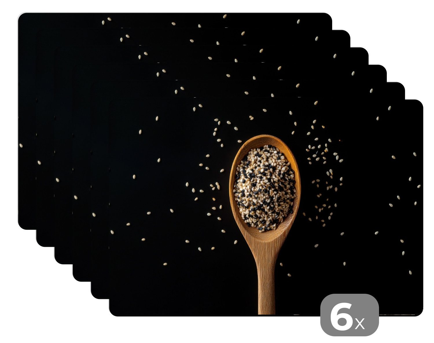 MuchoWow Platzset Sesam - Löffel - Schwarz, (6-St), Platzsets, Tischset, Abwaschbar, Tischsets, Platzdeckchen