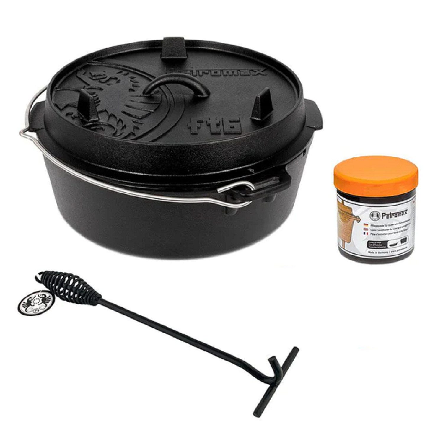 Petromax Schmortopf Petromax Feuertopf Dutch Oven Set Pflegepaste Deckelheber FT6