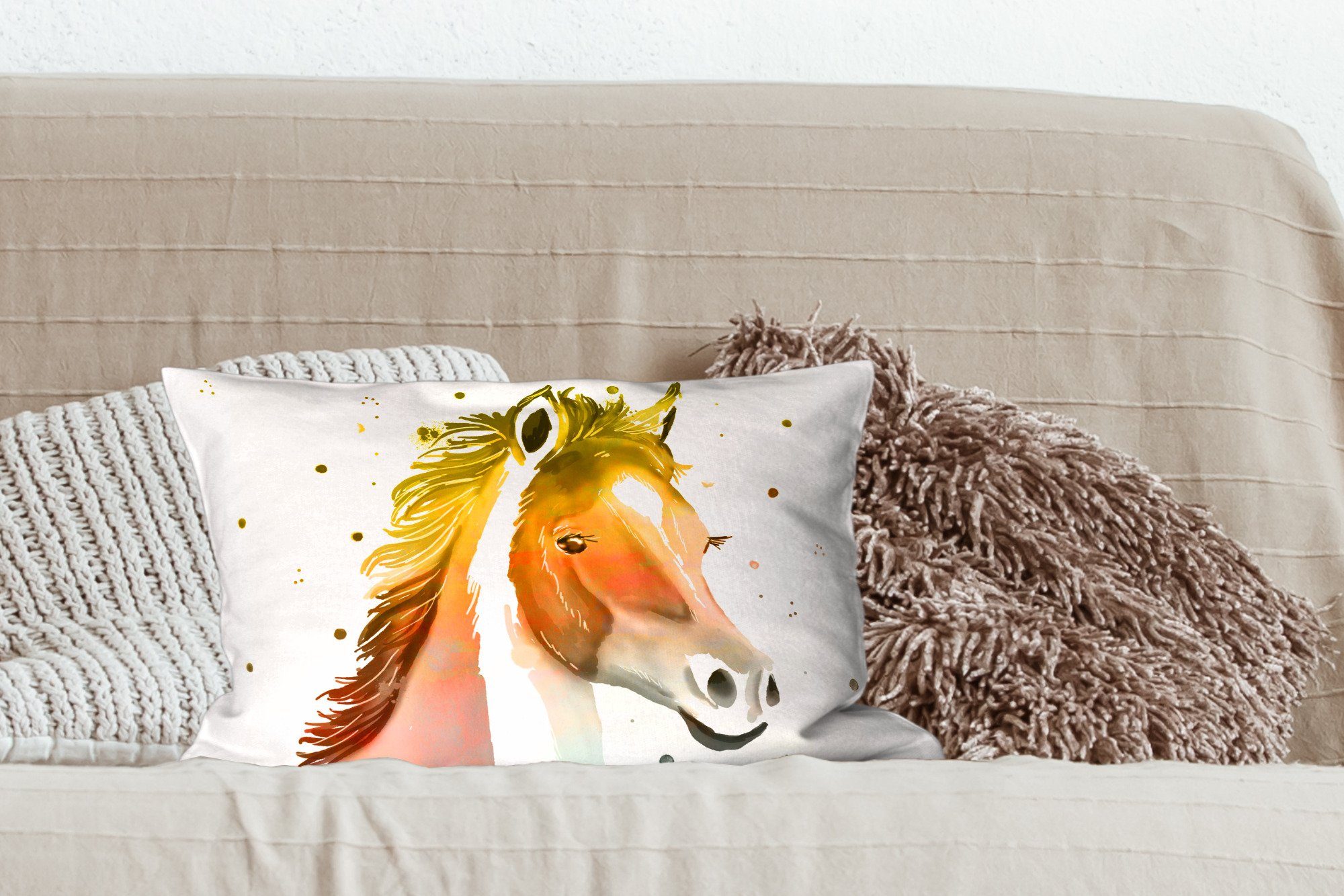 Mädchen, Pferd mit - - Schlafzimmer Dekoration, - Wohzimmer MuchoWow Farben - Füllung, Mädchen Kinder Dekokissen Dekokissen Weiß Zierkissen, -