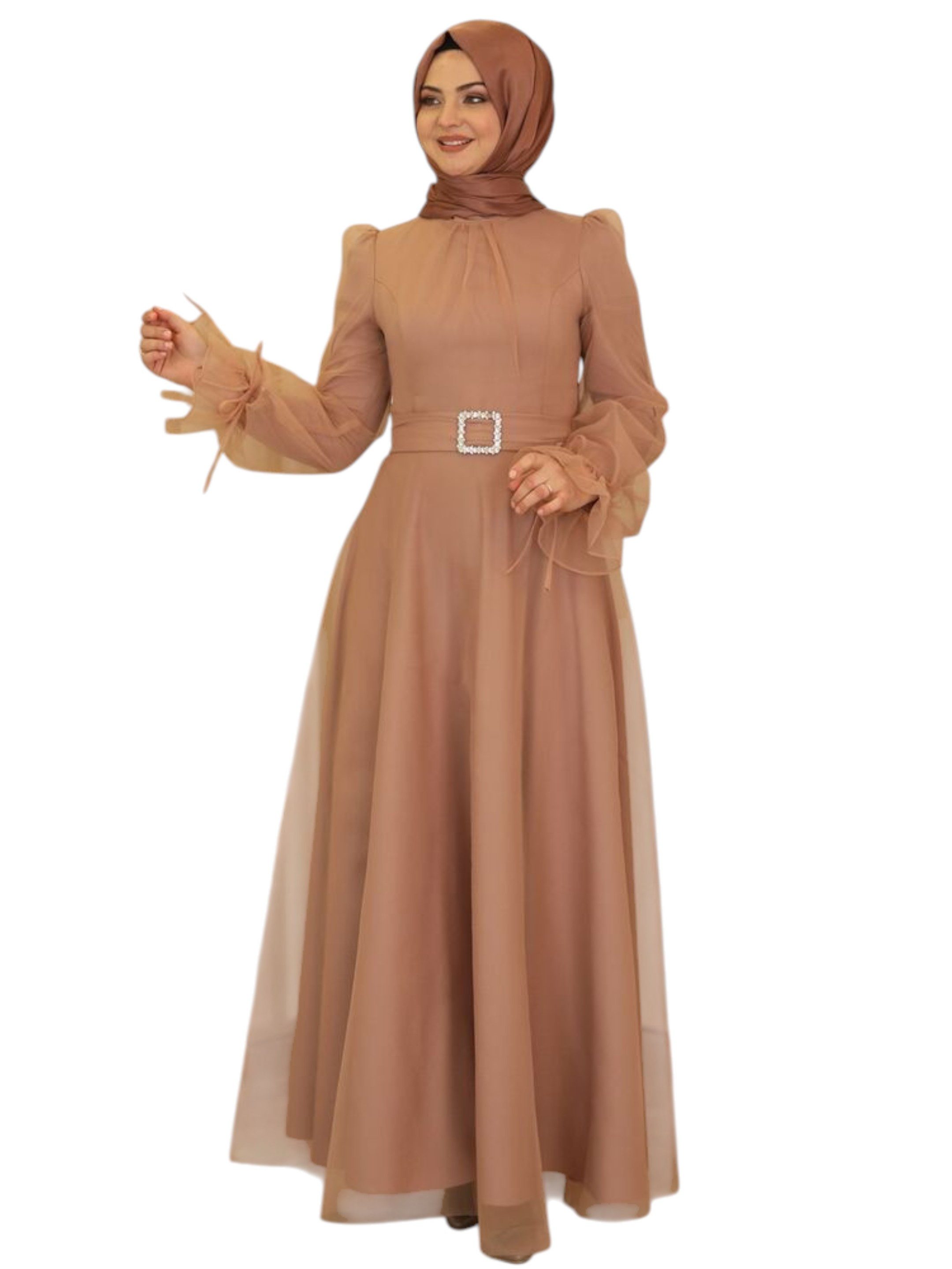 Modavitrini Abendkleid Damen Tüll Maxikleid Langarm – Festkleid mit Gürtel Modest Fashion Gürtel mit Schmucksteinen