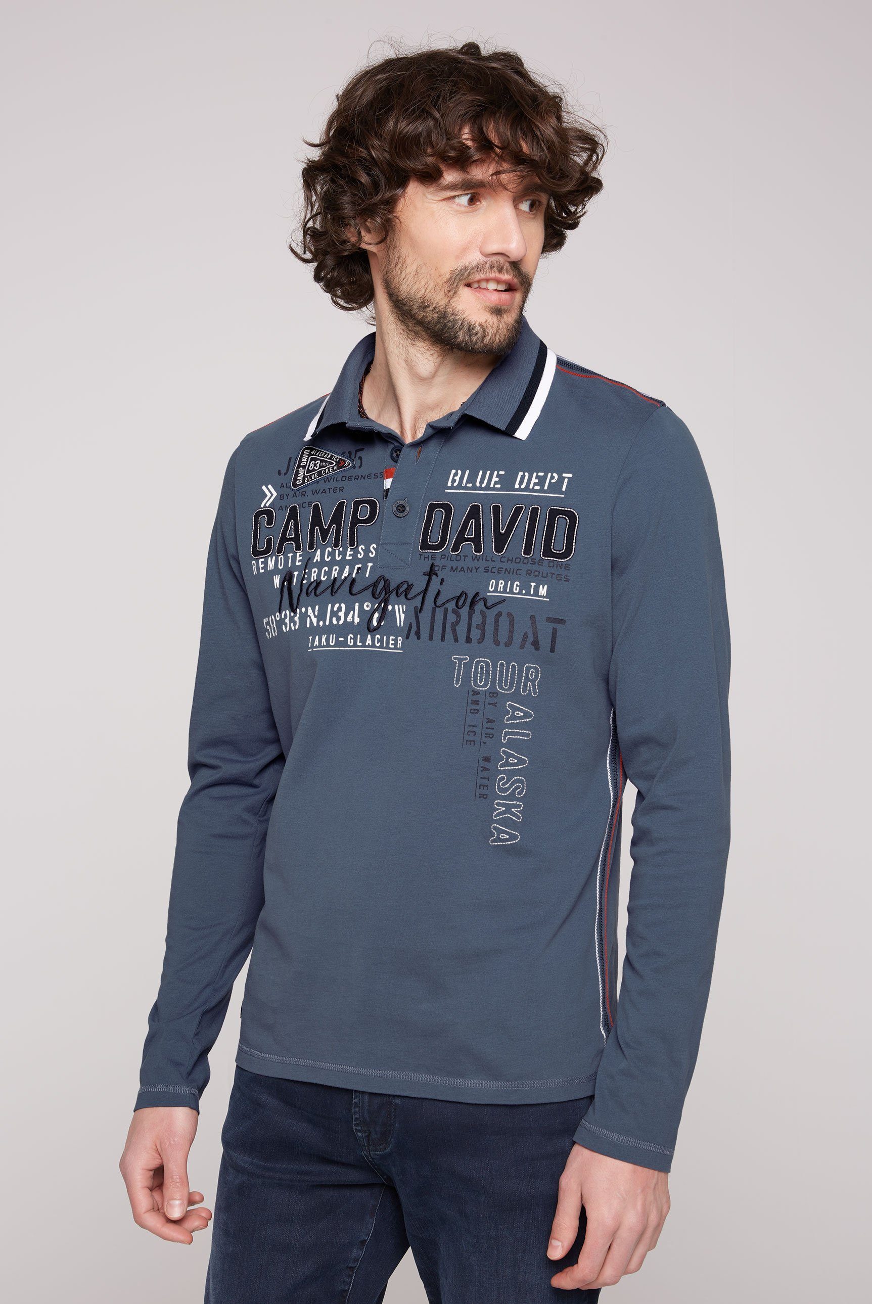 CAMP DAVID Langarm-Poloshirt mit Logo-Applikationen dark sky
