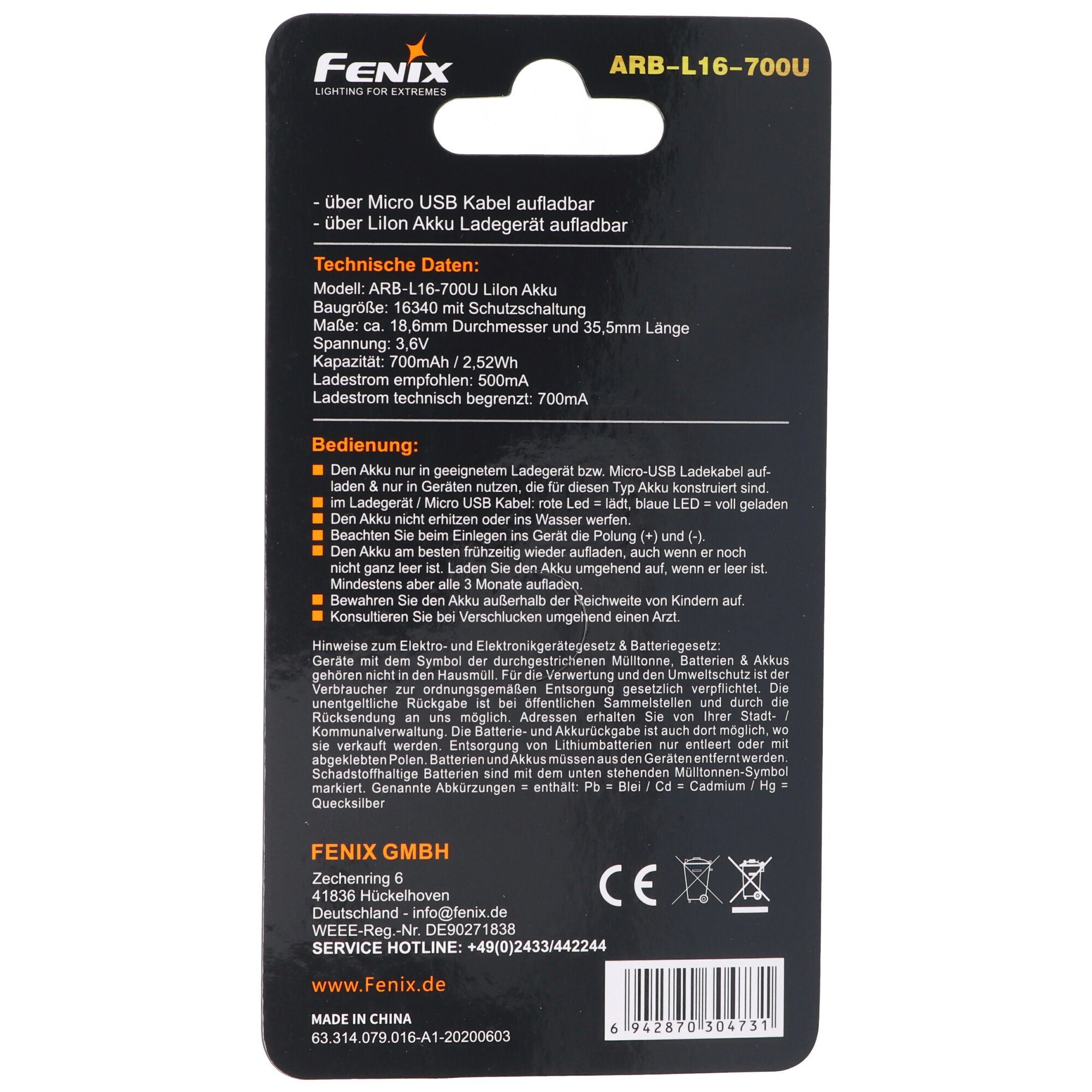 Fenix CR123 A Li-Ion Akku mit integrierter USB-Ladefunktion 3,6 Volt mit 70 Akku 700 mAh (3,6 V)