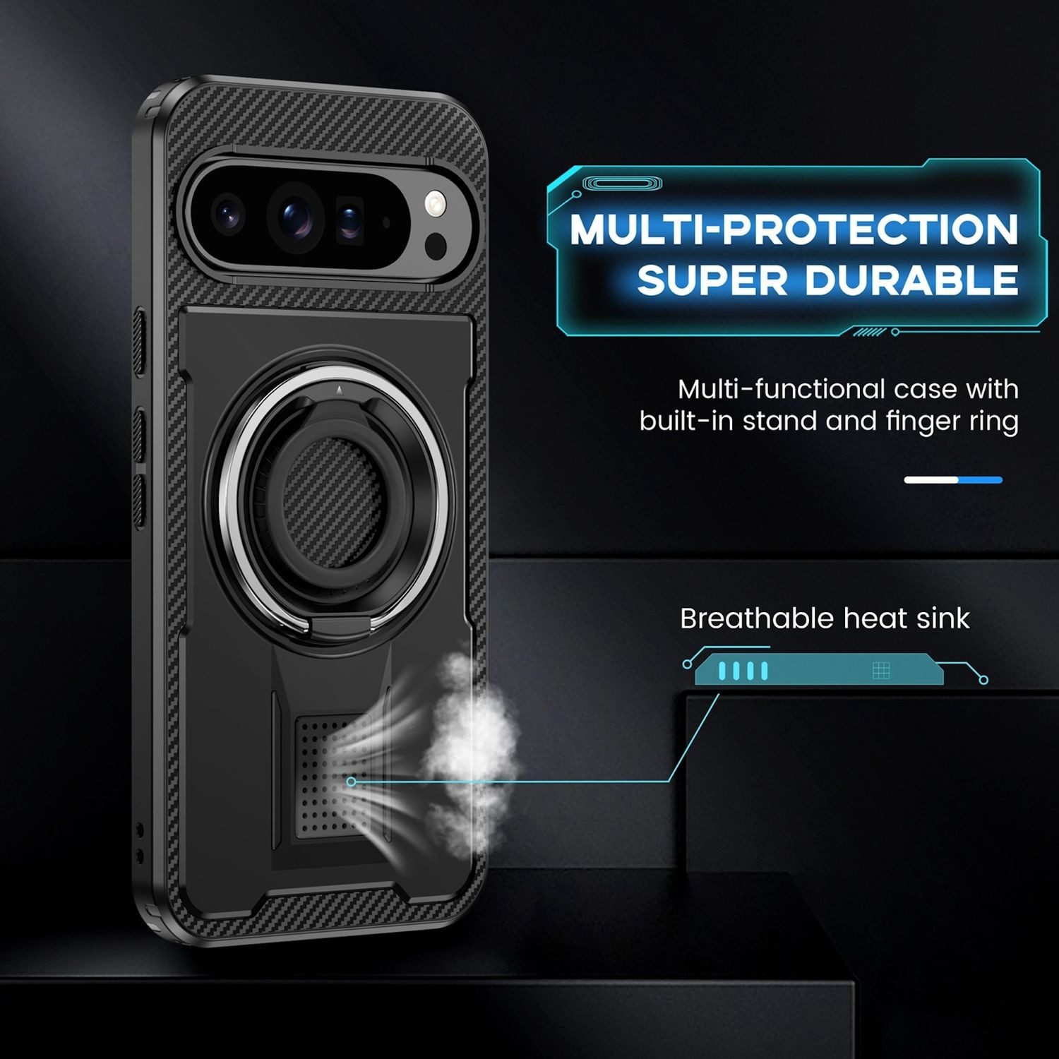 Wigento Handyhülle Für Google Pixel 9 Pro XL Carbonfaser Ringhalter Hybrid TPU Hülle Case, Ringhalter-Hülle mit Carbonfaser für extra Schutz