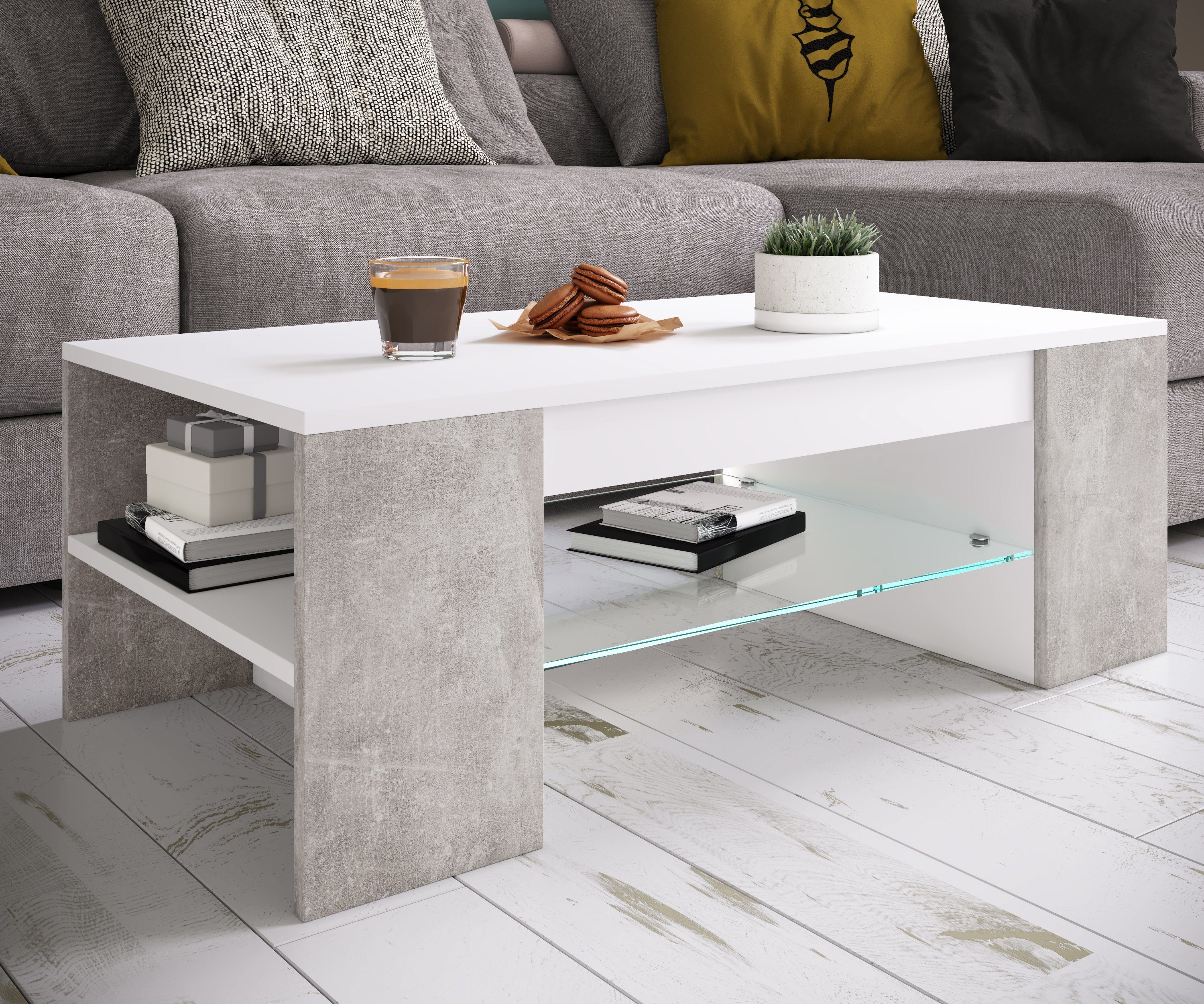 VCM Couchtisch Holz Sofatisch Couchtisch Schublade Glas Tunas, Pflegeleicht