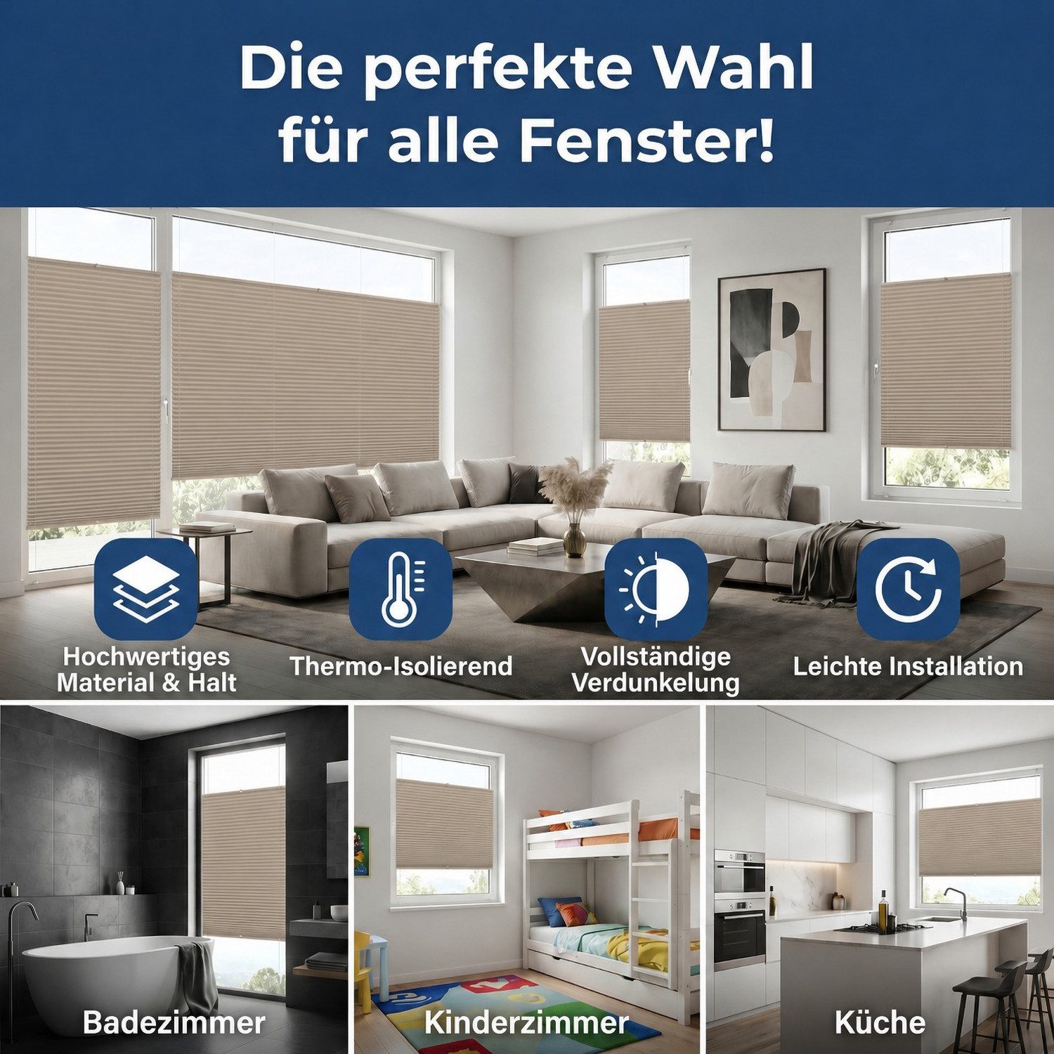 Rikmani Plissee Thermo Fensterplissee ohne Bohren, Warmbeige, 40x130, verdunkelnd, Klemmfix, Langlebige Premium-Qualität, Thermo Plissee