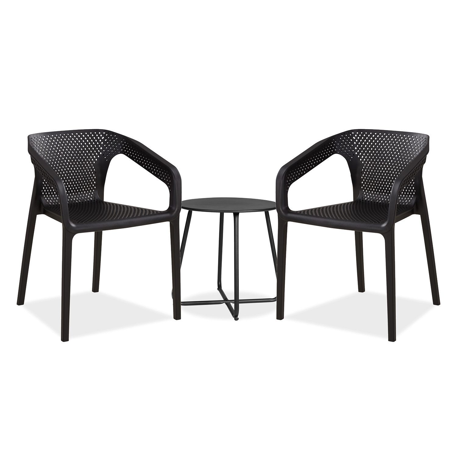 Homestyle4u Gartenlounge-Set Outdoor 2 Stühle+Tisch Terrasse stapelbar Gartenmöbel Küchenstuhl, (Set, 3-tlg., 2 Stühle und 1 Tisch), Schwarz, inkl. Tisch, robust, stabil, Essstuhl