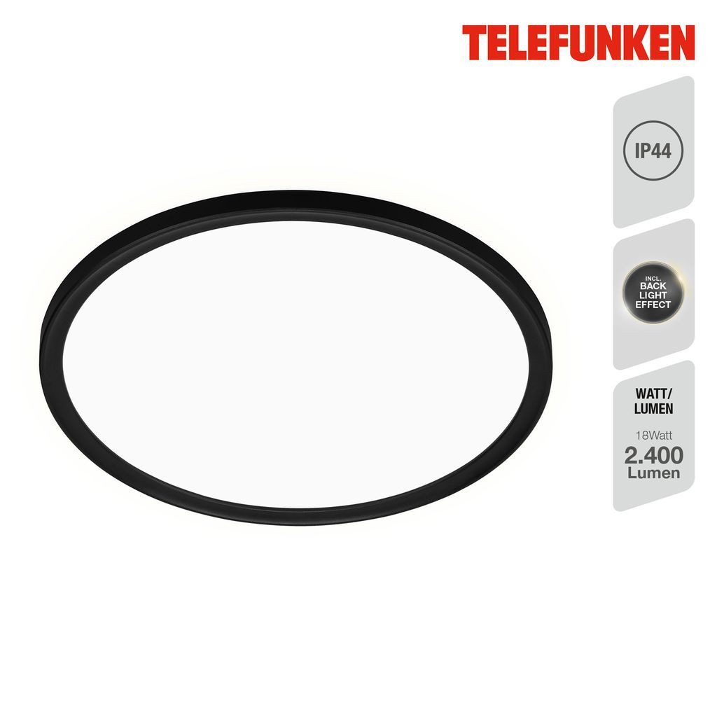 Telefunken LED Deckenleuchte 321605TF, LED fest integriert, 2700K - Extra-Warmweiß, Backlighteffekt, IP44, ultraflach, schwarz, Neutralweiß 4000K