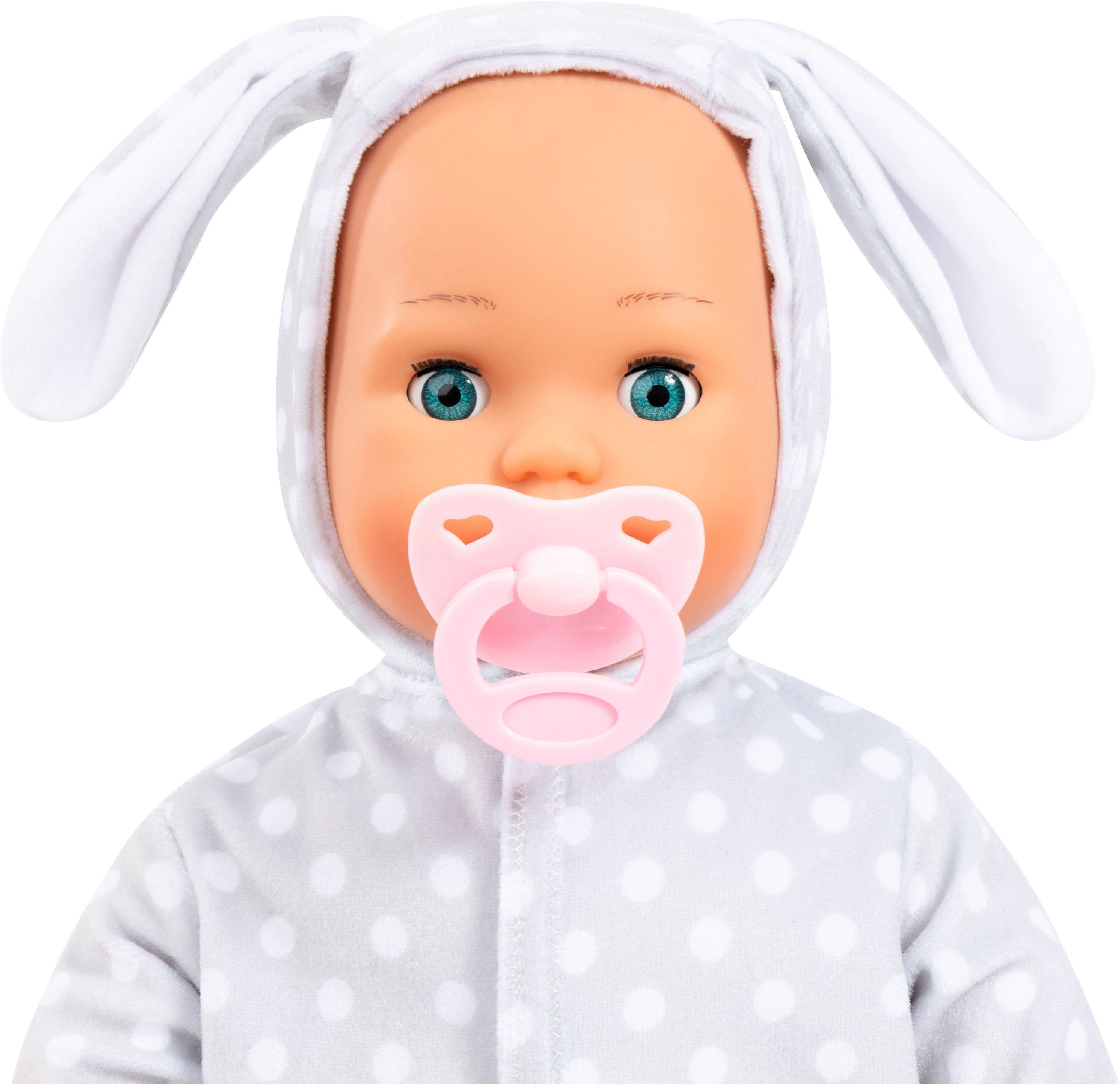 Bayer Babypuppe First Words Baby, Anna 38 cm, grau (3-tlg), mit Schlafaugen und Babygeräuschen