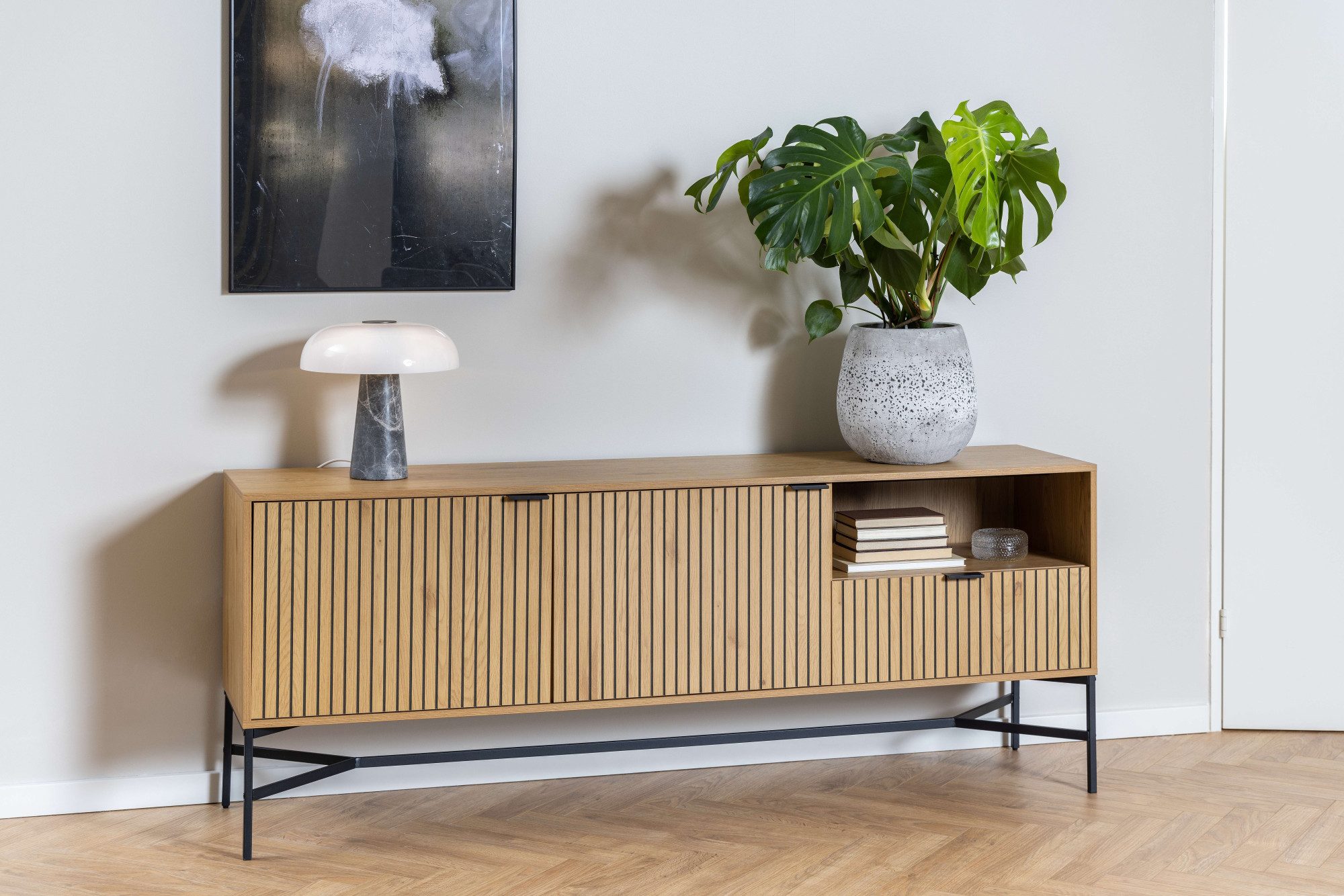 ACTONA GROUP Sideboard Jaipur Anrichte, Kommode, Eiche-Optik, 2 Türen, 2 Einlegeböden, Lamellenfront