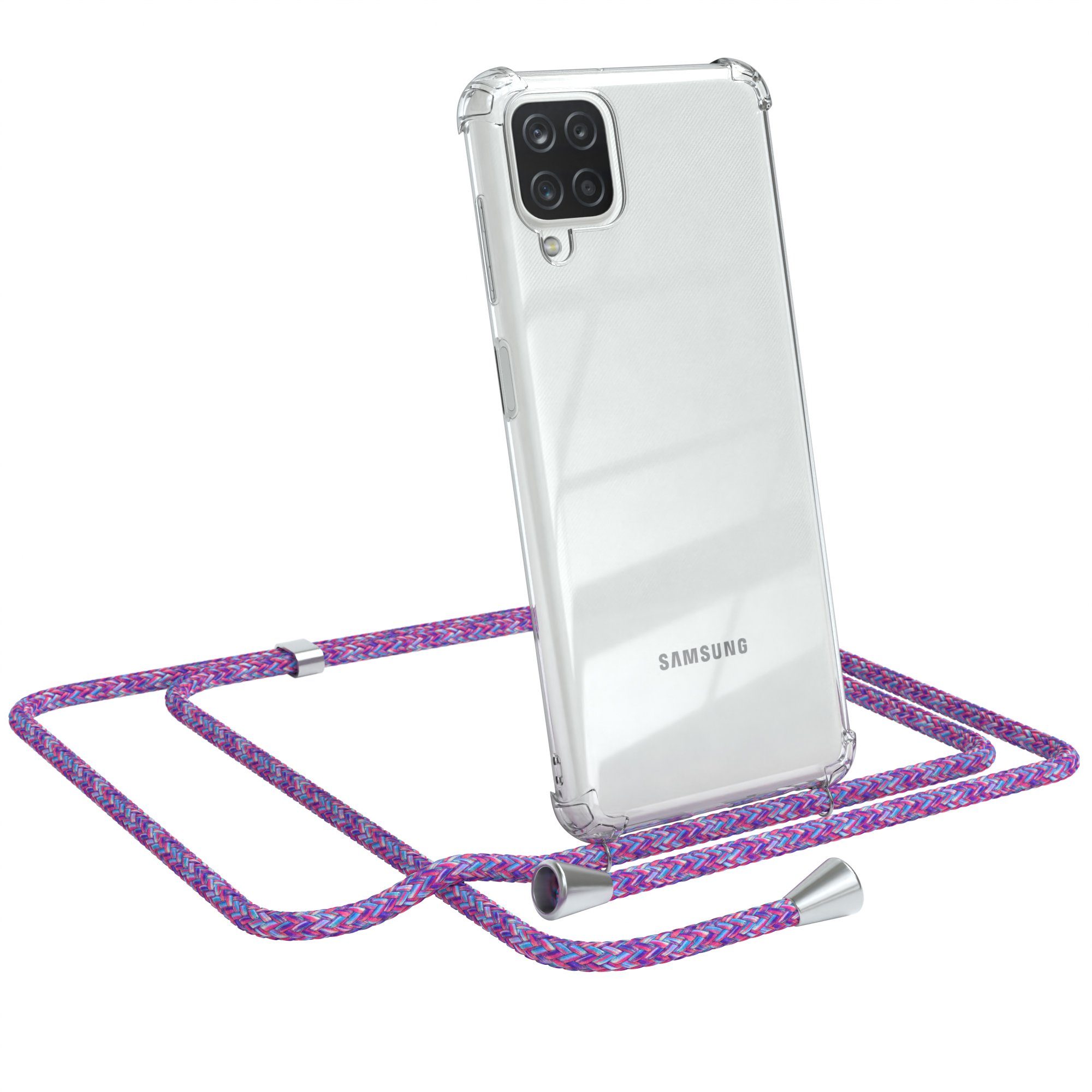 EAZY CASE Handykette Hülle mit Kette für Samsung Galaxy A12 6,5 Zoll, Umhängetasche für Handy Silikonhülle Handyhülle durchsichtig Violett