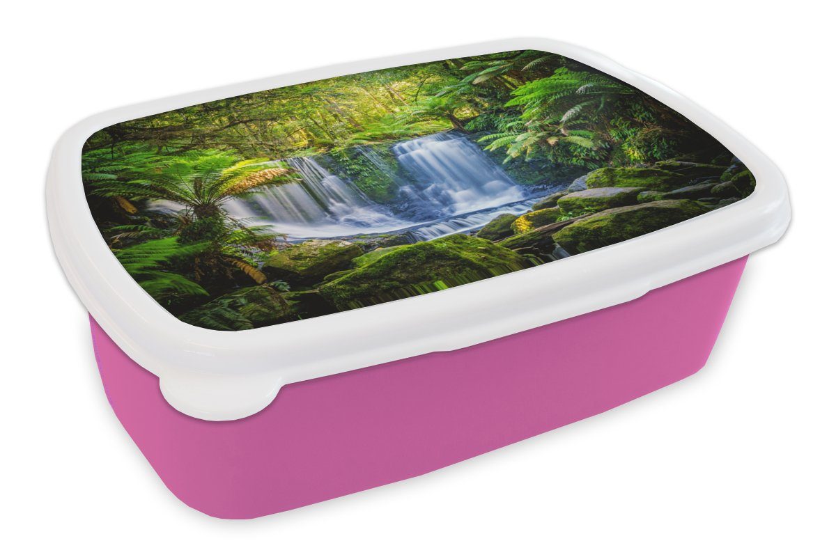 MuchoWow Lunchbox Dschungel - Wasserfall - Australien - Pflanzen - Natur, Kunststoff, (2-tlg), Brotbox für Erwachsene, Brotdose Kinder, Snackbox, Mädchen, Kunststoff rosa