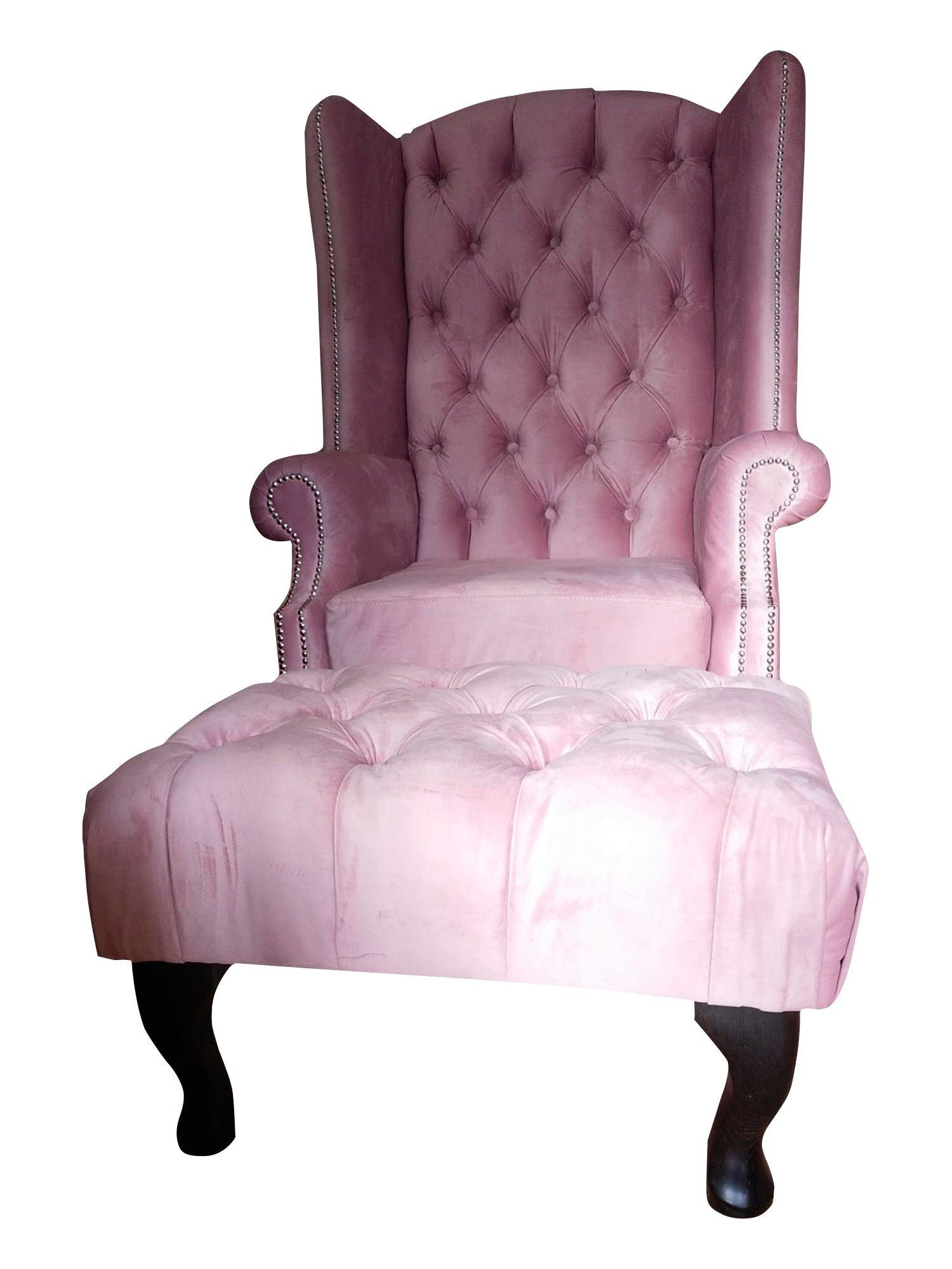 Xlmoebel Ohrensessel Chesterfield Hocker Samt in Rosa für Lounge und Relaxbereich (Ohrensessel / Hocker), Hergestellt in Europa