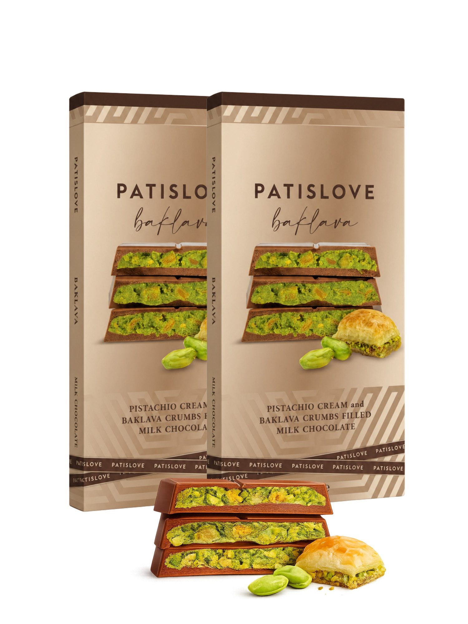 PATISLOVE Schokolade Milchschokolade mit Pistaziencreme & Baklava-Stückchen 100g, ohne Konservierungsstoffe, ohne Farbstoffe