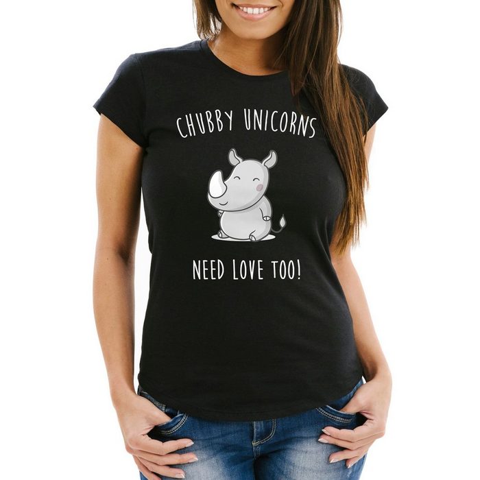 MoonWorks Print-Shirt Damen T-Shirt chubby Unicorns need love too Nashorn Einhorn Spruch Slim Fit Moonworks® mit Print
