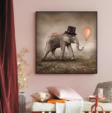 TPFLiving Kunstdruck (OHNE RAHMEN) Poster - Leinwand - Wandbild, Lustiger Elefant mit Hut und Luftballon in braun (Verschiedene Größen), Farben: Leinwand bunt - Größe: 20x20cm