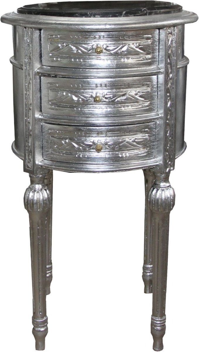 Casa Padrino Beistelltisch Barock Kommode / Beistelltisch Silber mit schwarzer Marmorplatte Höhe 72 cm, Durchmesser 41 cm - Nachttisch Konsole
