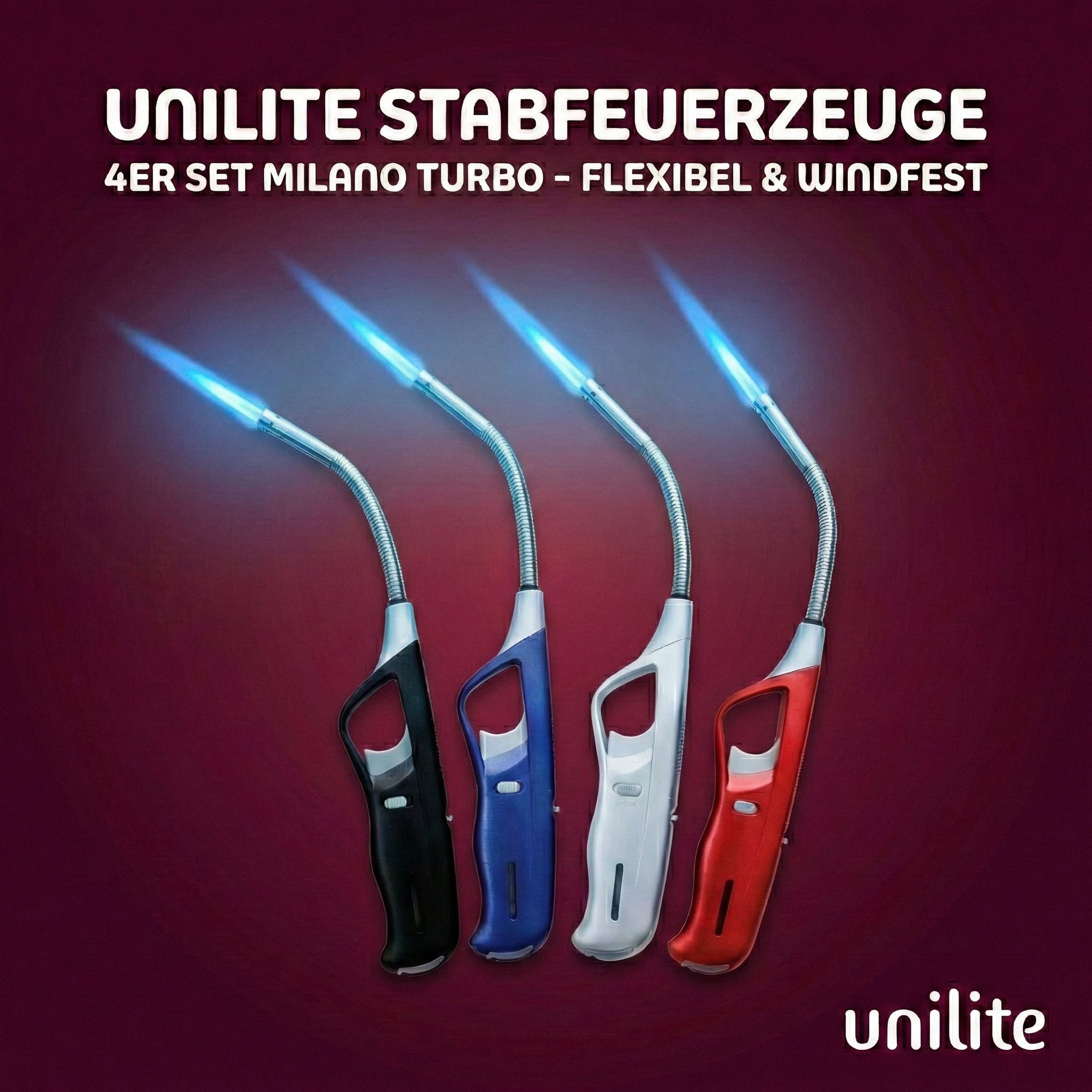 Unilite Feuerzeuge Stabfeuerzeug Milano mit Jet-Flame, Kindersicherung (4-St), 29 cm lang, Sturmfeuerzeug, Feuerzeuge, 4 Farben