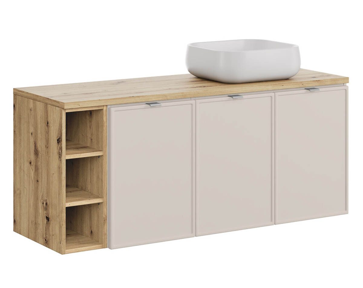 einfachgutemoebel Waschtisch-Set Waschplatz140cm mit Aufsatzbecken weiß & Regal, kaschmir-oak, BELEZA, (Badmöbel Set, 1-St., Waschtisch Unterschrank)
