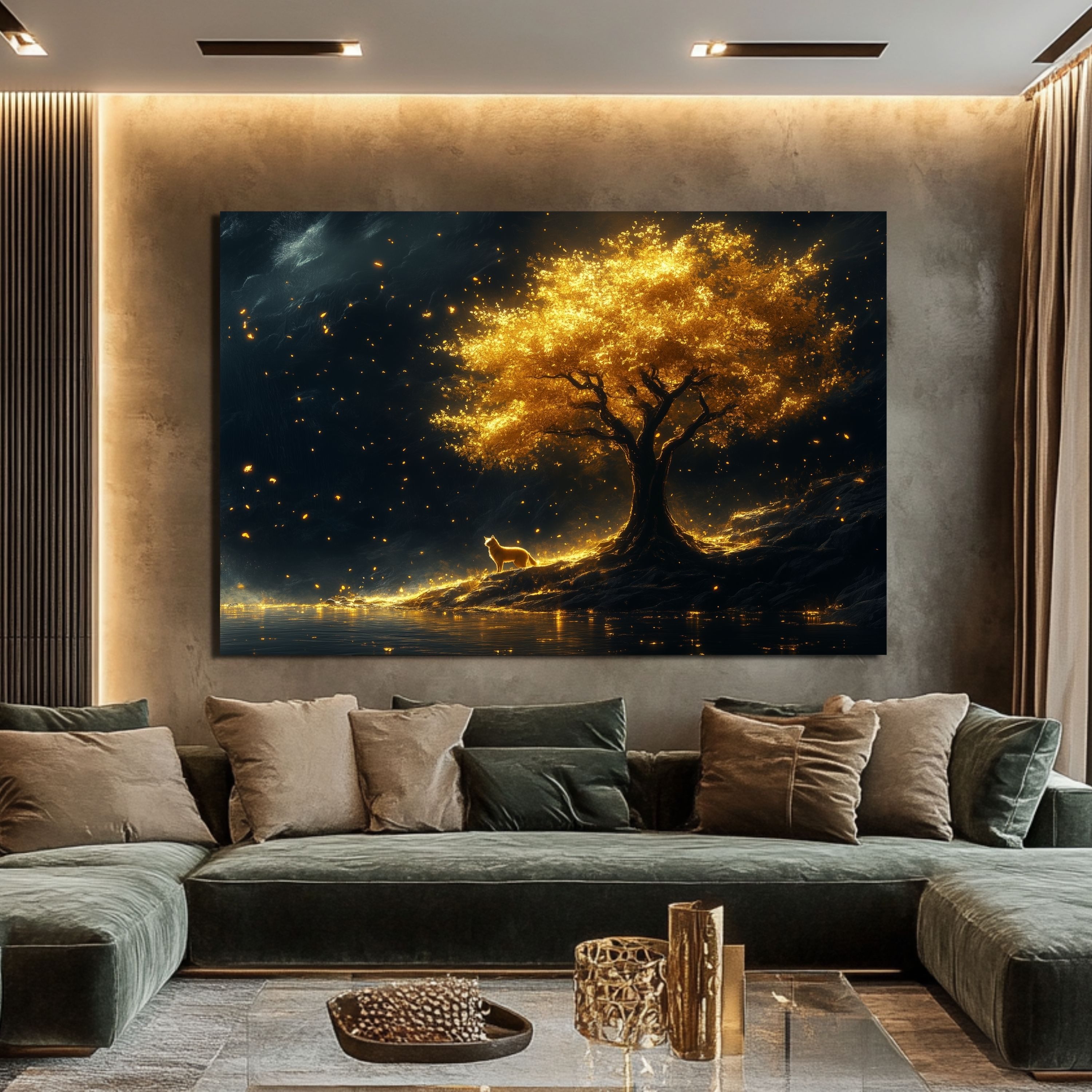 DARO Design Leinwandbild Modern Abstrakt Wandbilder XXL Wandbild Wand Deko Leinwand Bilder, (Katze am goldenen Baum - Bild groß Wohnzimmer Esszimmer Schlafzimme – Bild 4 von 5