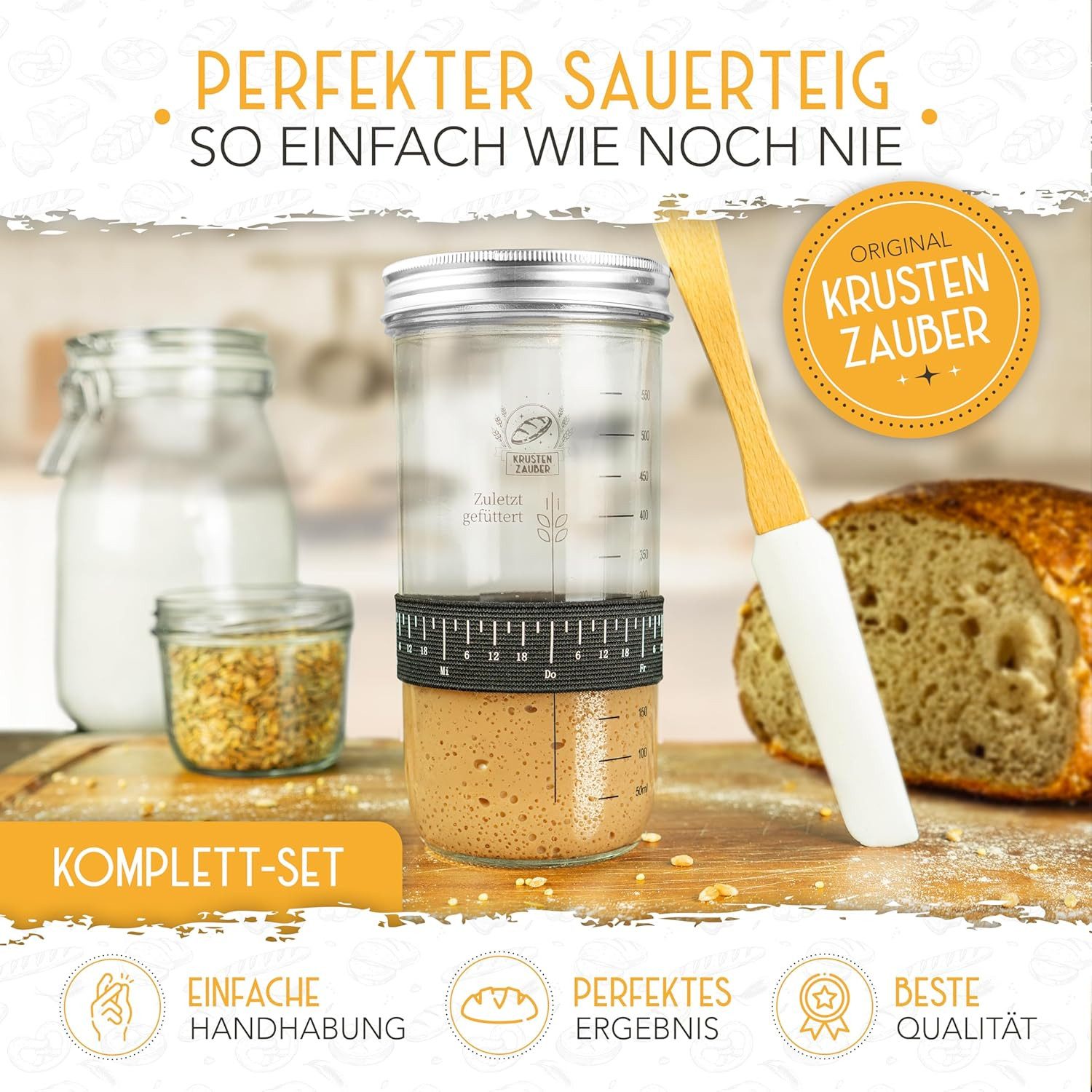 Krustenzauber Fermentationsglas Brotbackform Sauerteig Starter Set - Gärglas mit Spatel u. Thermometer, (1-tlg)