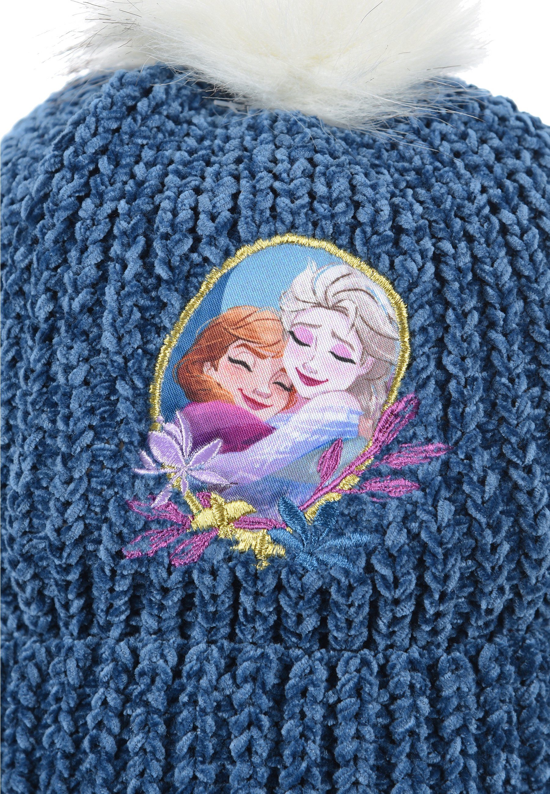Mütze und Winter-Mütze Eiskönigin Disney Bommelmütze Elsa Strick Kinder Dunkel-Blau Mädchen Anna Frozen