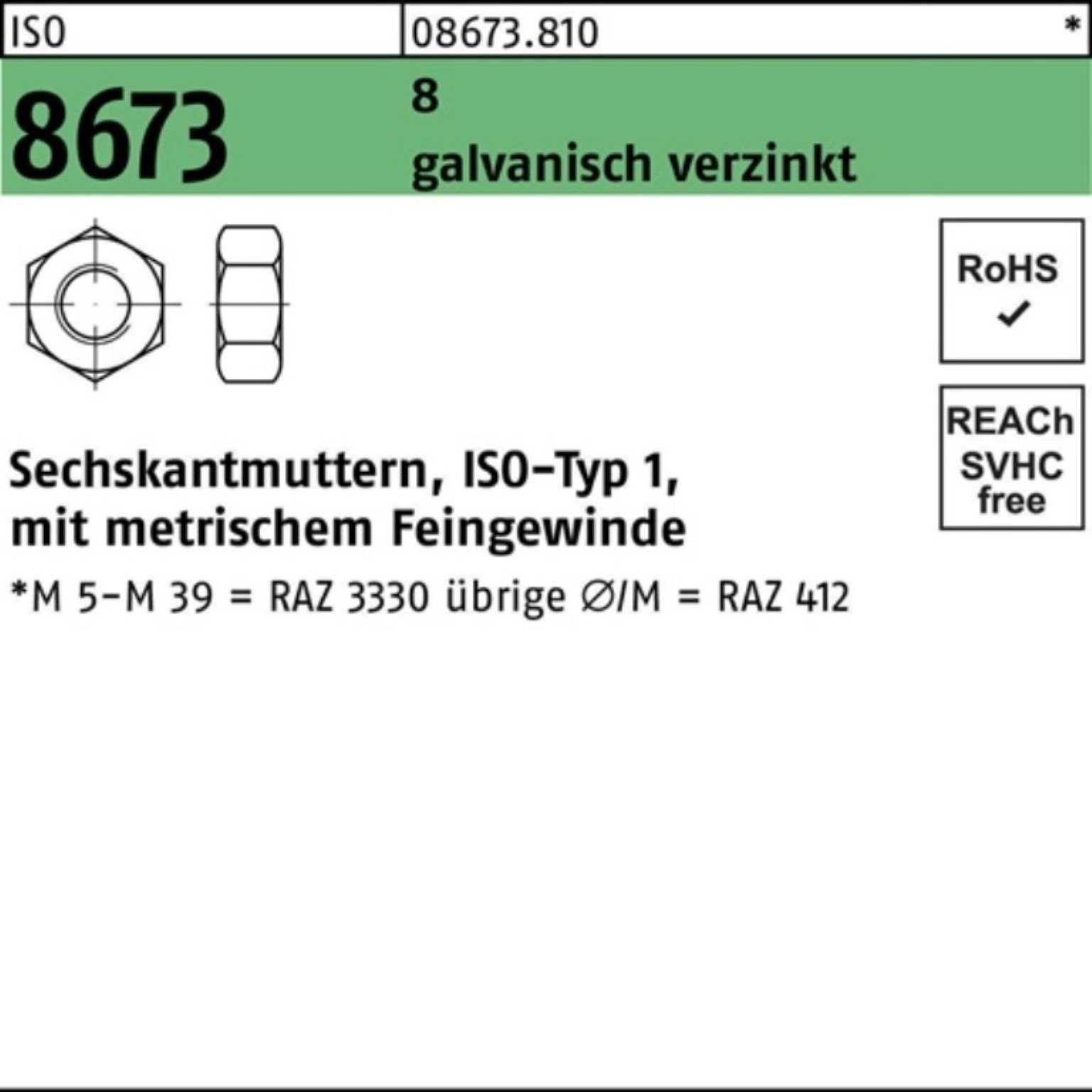 Reyher Muttern 100er Pack Sechskantmutter ISO 8673 M12x 1,25 8 galv.verz. 100 Stück