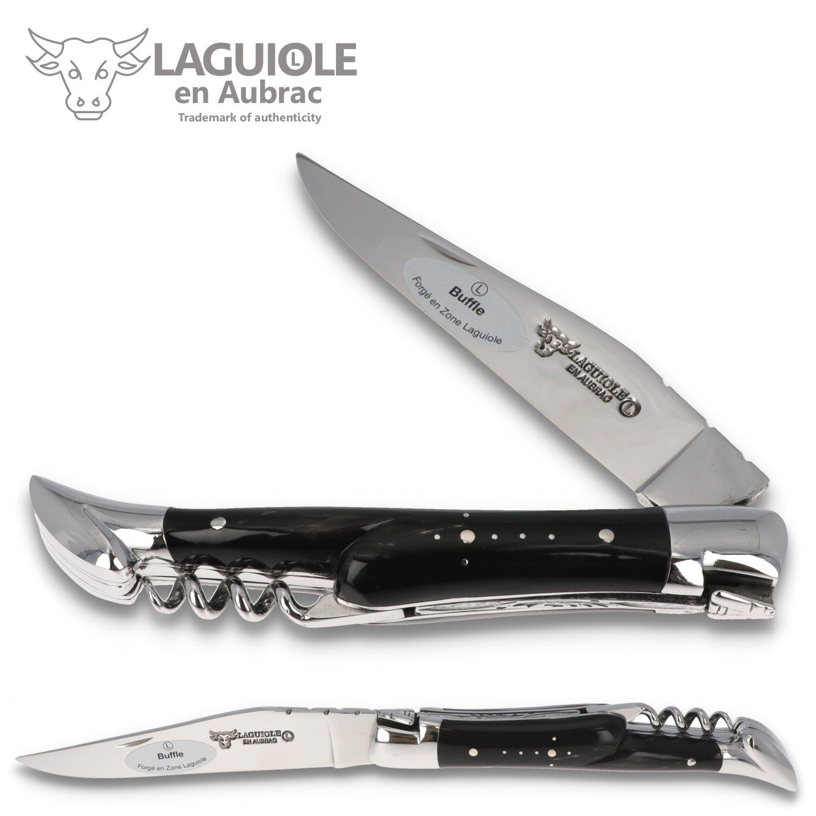 Laguiole en Aubrac Taschenmesser L0311BUIS, Griff 11cm Büffelhorn - Korkenzieher - Feder verziert - Stahl glänzend