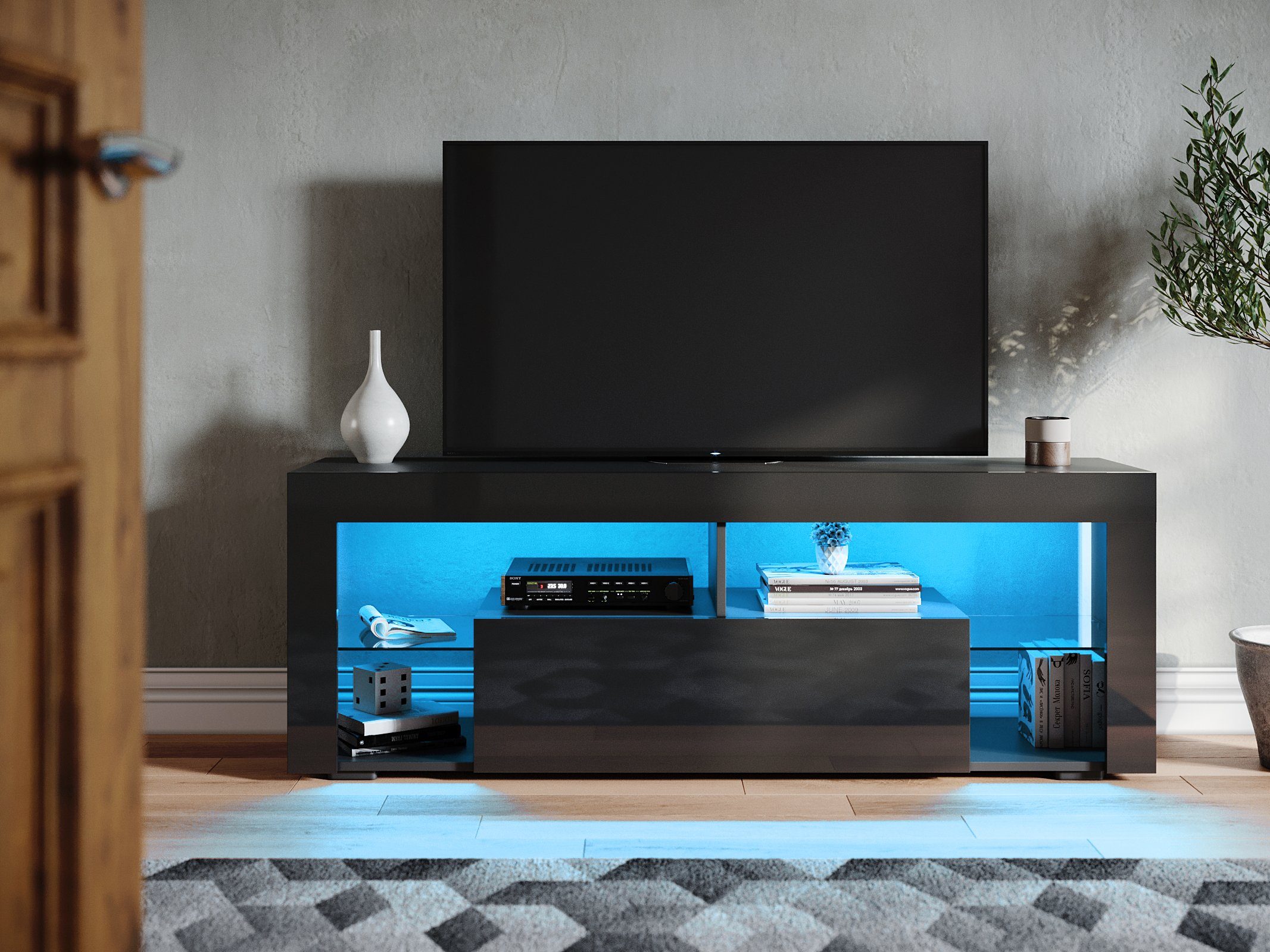 SONNI Lowboard »TV Lowboard Schwarz Hochglanz mit LED Beleuchtung, Breite  140 cm, mit Klapptür, mit Glasregal, Griffloses Design« online kaufen | OTTO