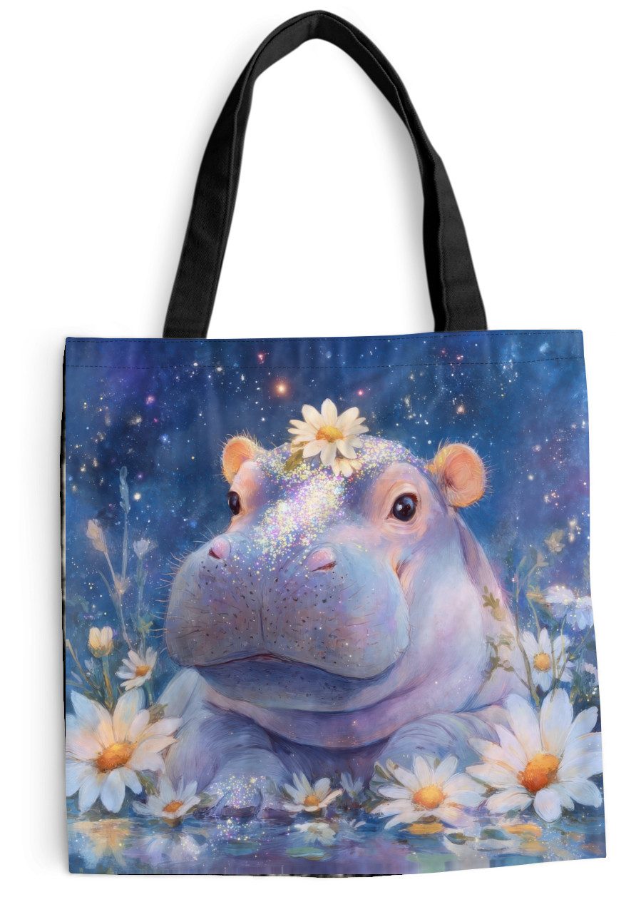 MuchoWow Shopper Nilpferd - Gänseblümchen - Sternenhimmel, Handtasche, Damen und Herren, Schultertasche, Umhängetasche, Tote Bag