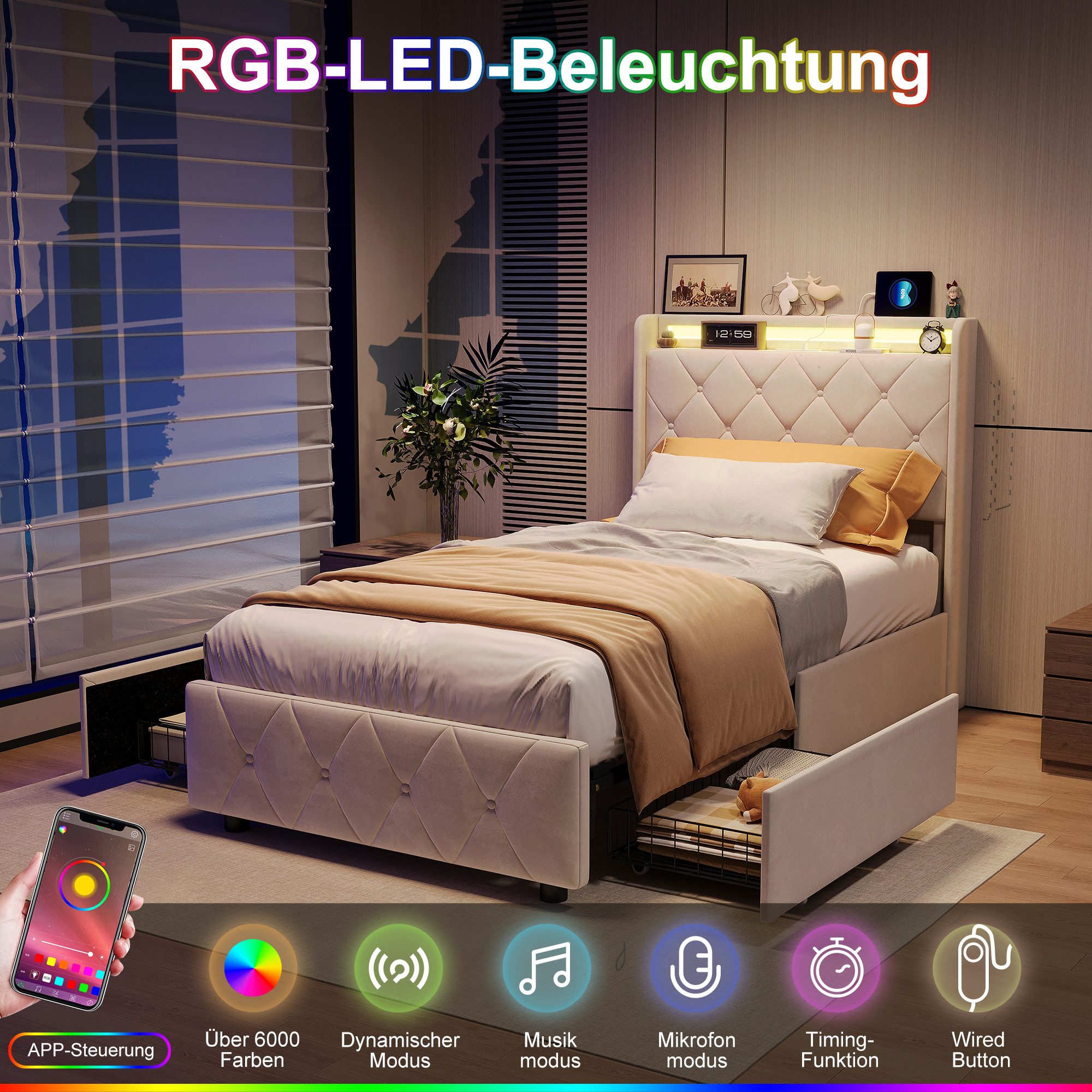 PXloue Polsterbett Led Doppelbett (1-tlg., Modernes Jugendbett, Leises Design Bett, Samtmaterial Polsterbett), Mit LED-Beleuchtung und Ladefunktion, Belastbarkeit 300 kg