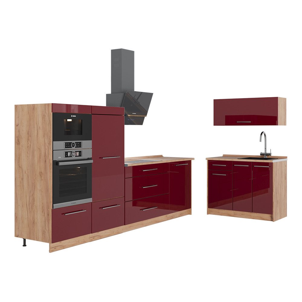 Vicco Küchenzeile Fame-Line, Bordeaux Hochglanz/Goldkraft Eiche, 380 cm, AP Eiche