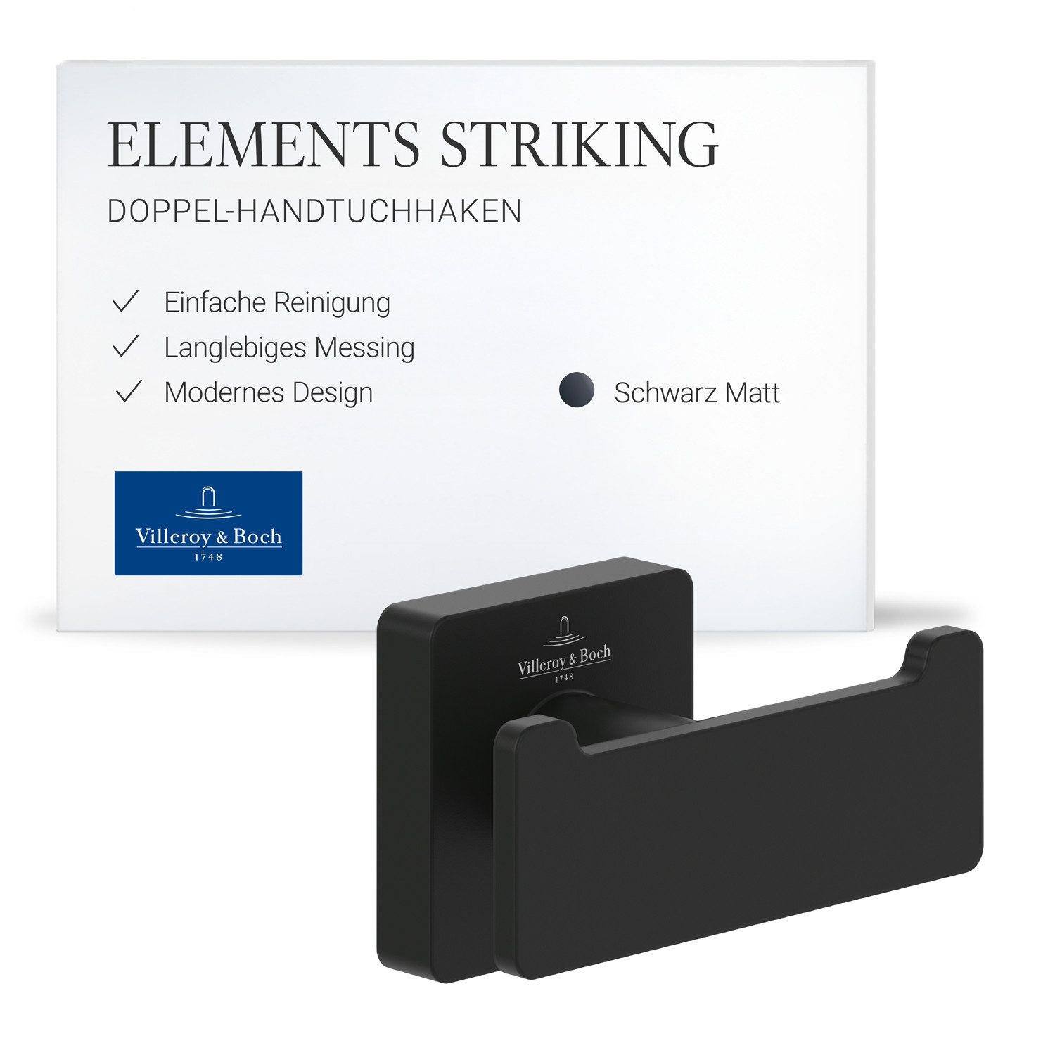 Villeroy & Boch Handtuchhaken Elements, Doppelt, eckig, Wandmontage, Matt Schwarz, 80x44x45mm