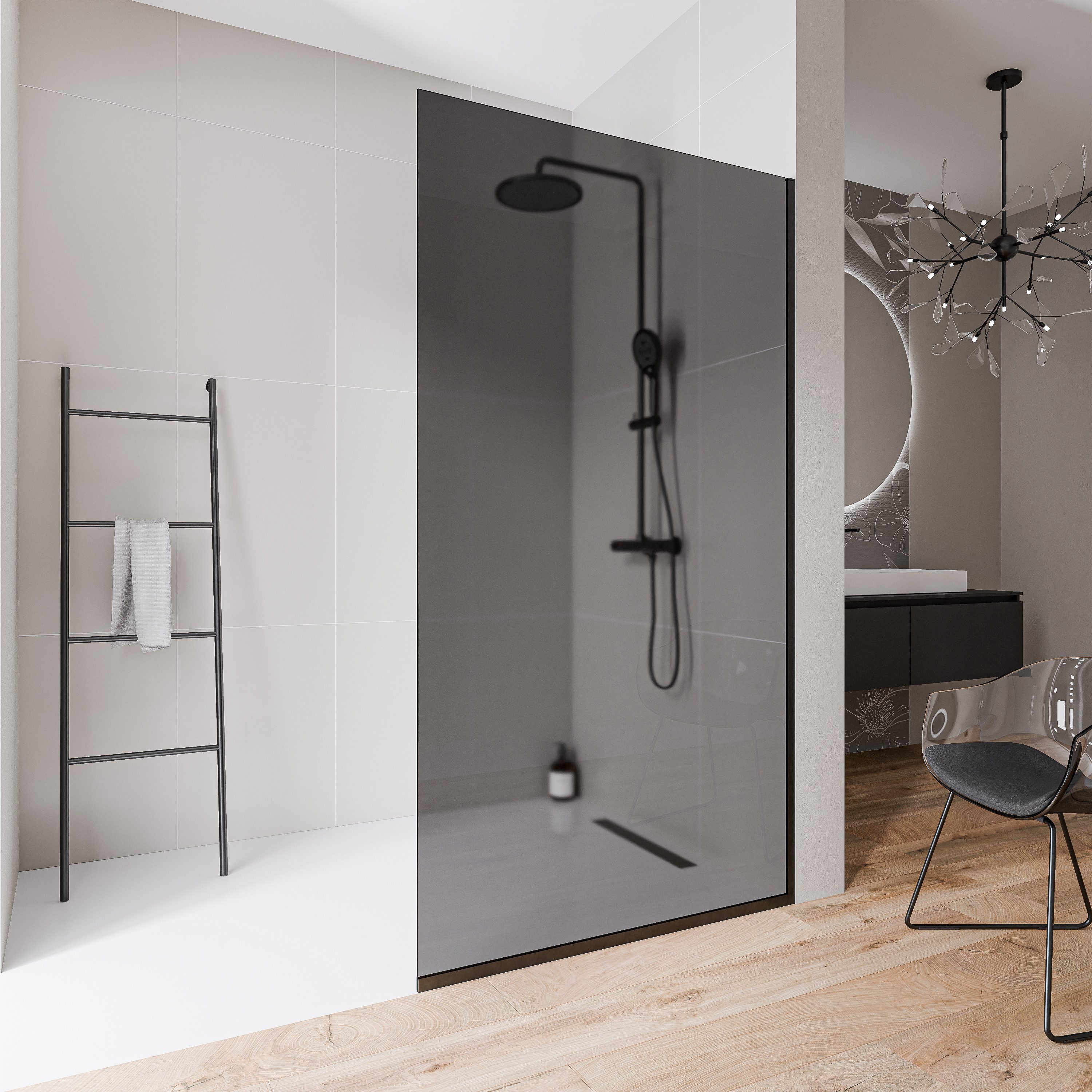 Bernstein Walk-in-Dusche EX102-2, Einscheibensicherheitsglas (ESG), (1 tlg., Mit Bodenprofil), Graues Glas, 10 mm, Mit Bodenprofil, Profil Schwarz matt
