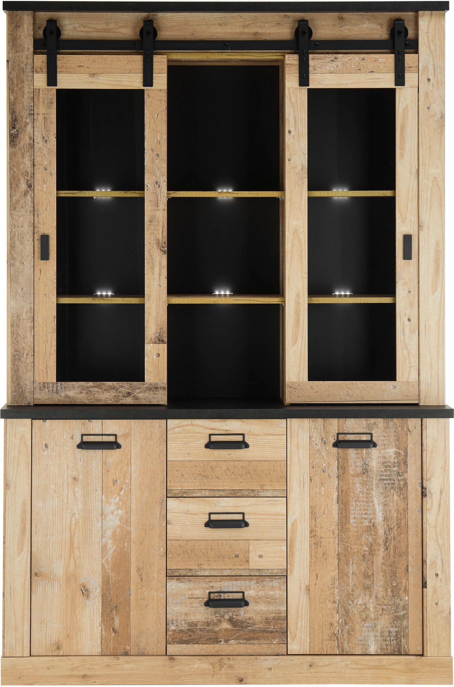 Home affaire Buffet Scheunentorbeschlag Holz SHERWOOD Style 133cm Dekor und Breite hell Dekor, Old mit Apothekergriffen