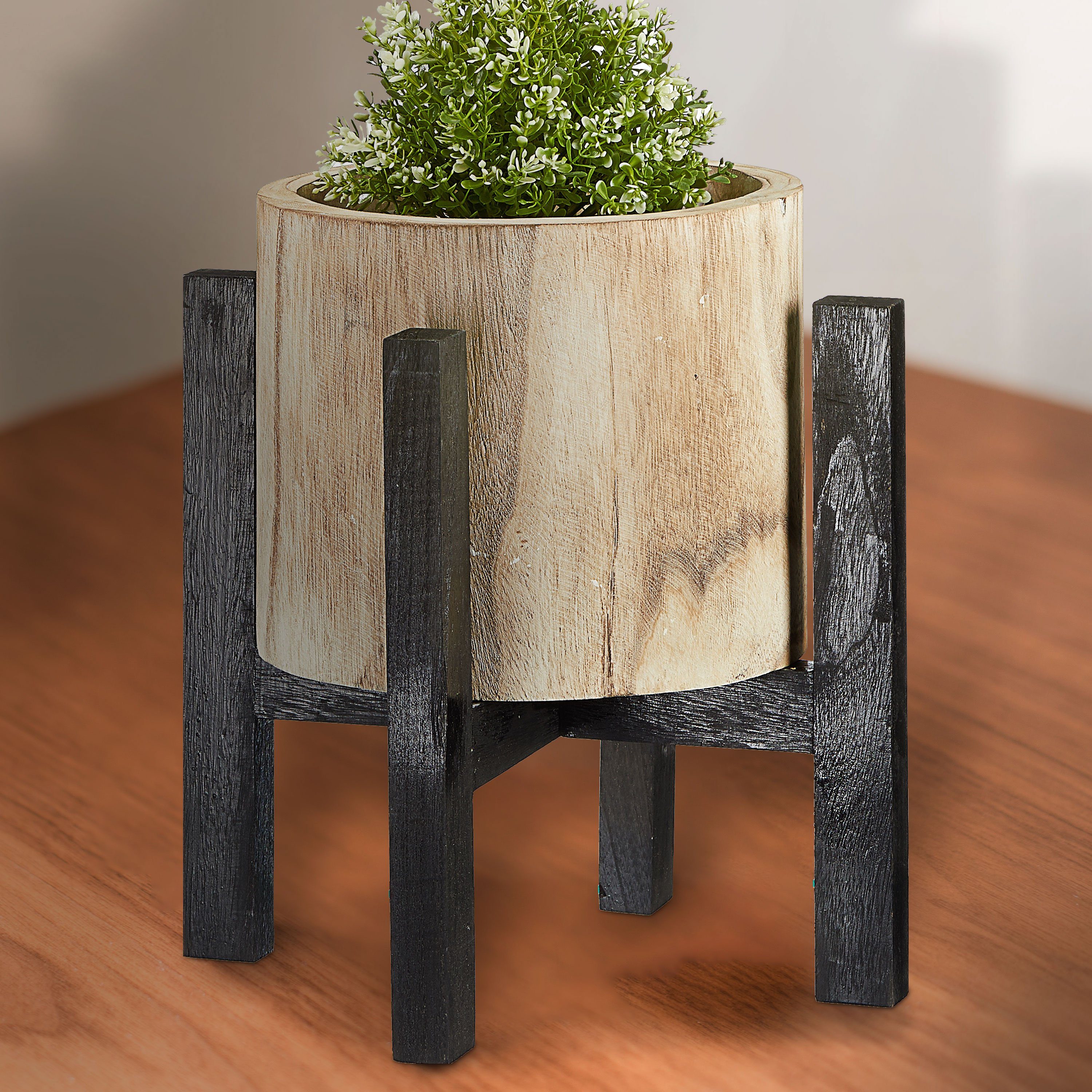CEPEWA Blumentopf Blumentopf mit Ständer Holz natur schwarz 37x39cm Topf auf Füßen