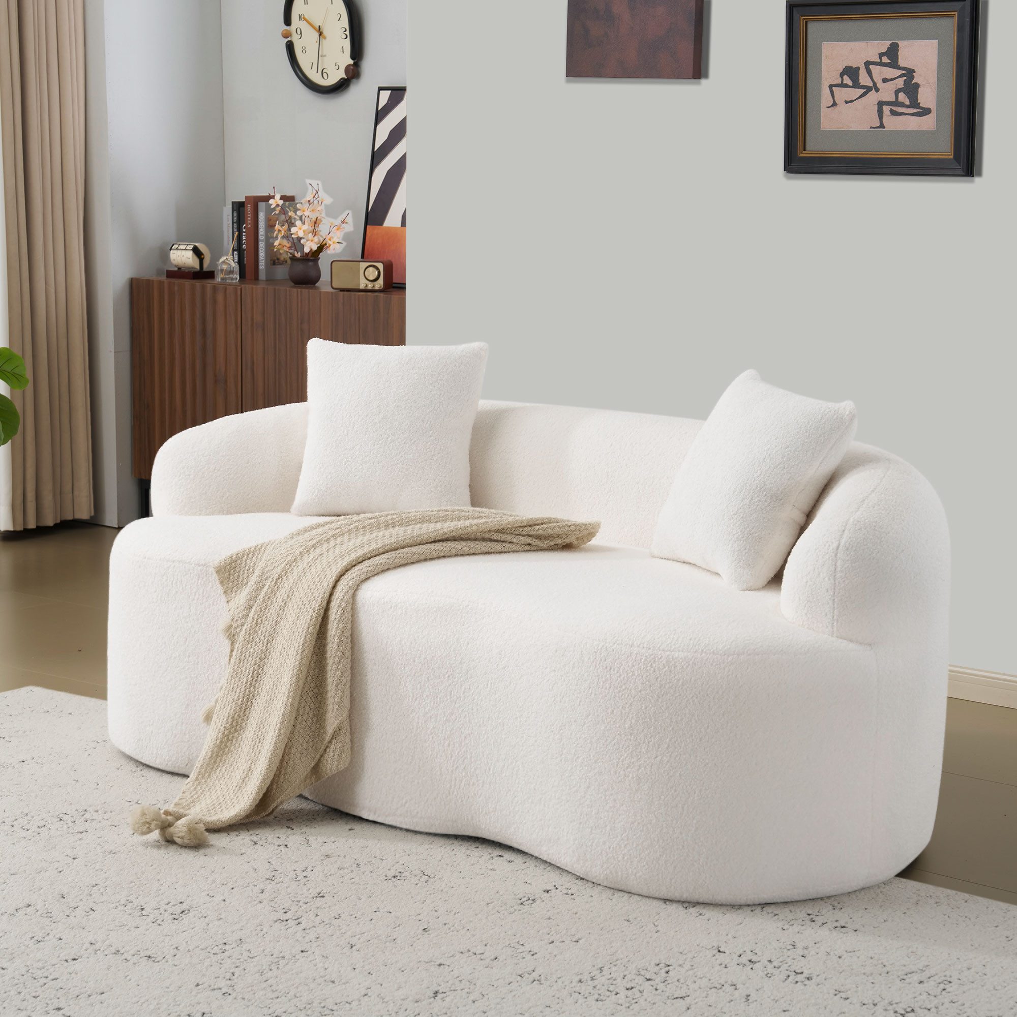 HAUSS SPOLE Loungesofa Relaxsofa Kompressionssofa mit Armlehnen,Schlafsofa in Kurvenform,Weiß, Geschwungenes Loveseat mit Kissen, Bohnenförmiges 2-Sitzer-Sofa mit abgerundeten Kanten