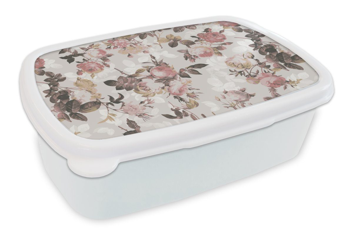 MuchoWow Lunchbox Muster - Blume - Rosa, Kunststoff, (2-tlg), Brotbox für Kinder und Erwachsene, Brotdose, für Jungs und Mädchen weiß