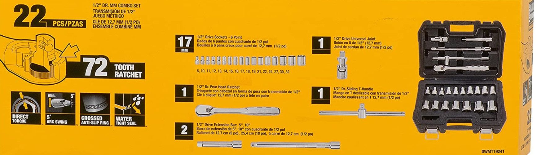 DeWalt Bit- und Steckschlüsselset DEWALT Schlüsselset 22-teilig 1/2"