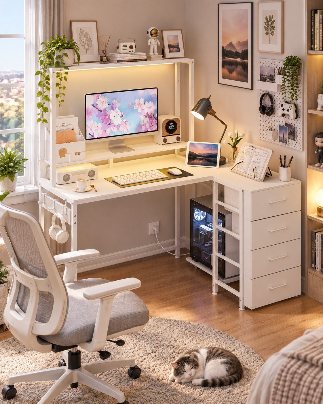 Yorbay Eckschreibtisch L-Form 140 cm mit 4 Schubladen & Steckdose, Computertisch mit USB, LED, Regal – für Gaming & Home Office