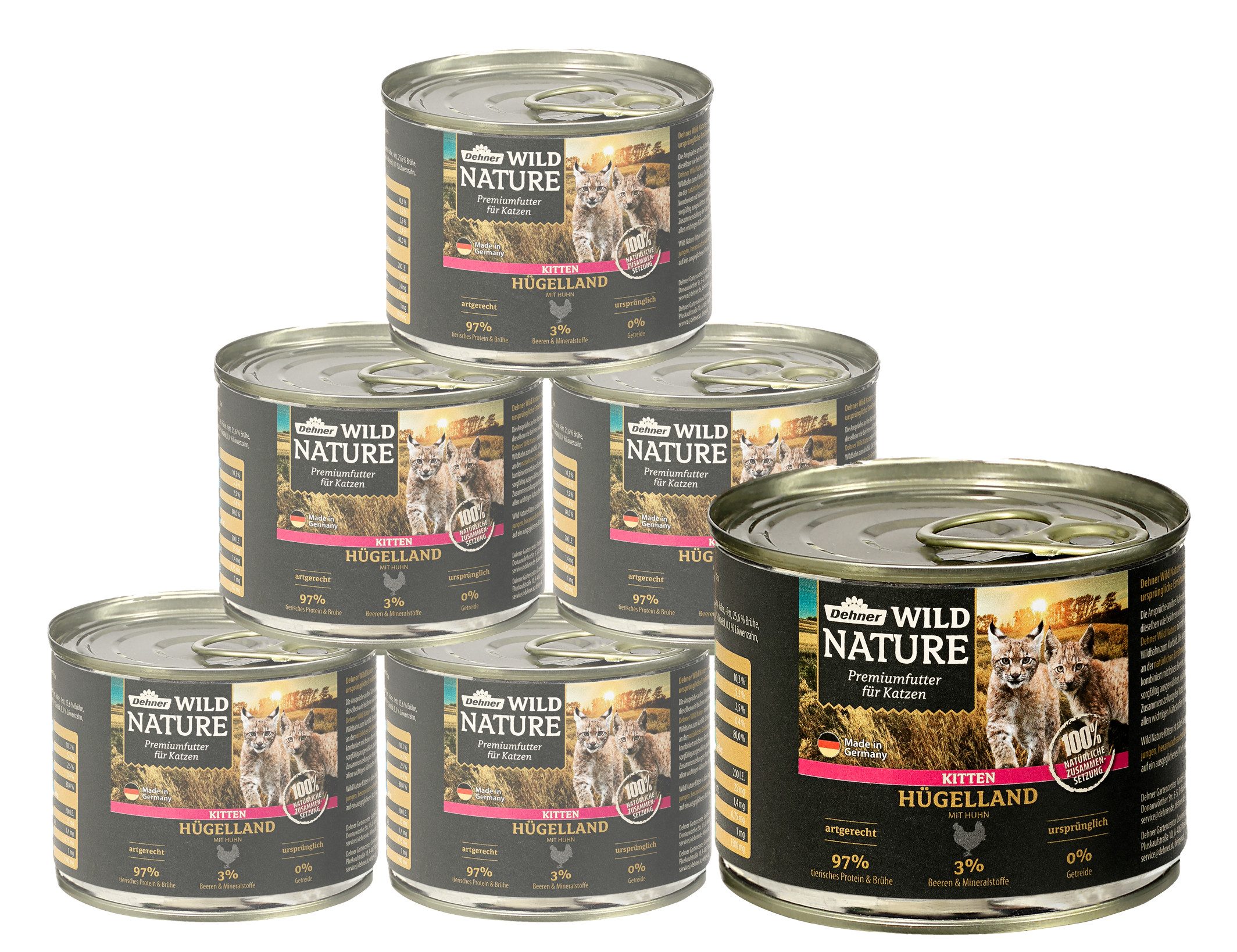 Dehner Wild Nature Hügelland Kitten Huhn, 6 x 200 / 400 g Dose Huhn, Nassfutter für: Katze, Nassfutter für heranwachsende Katzen, glutenfrei / zuckerfrei