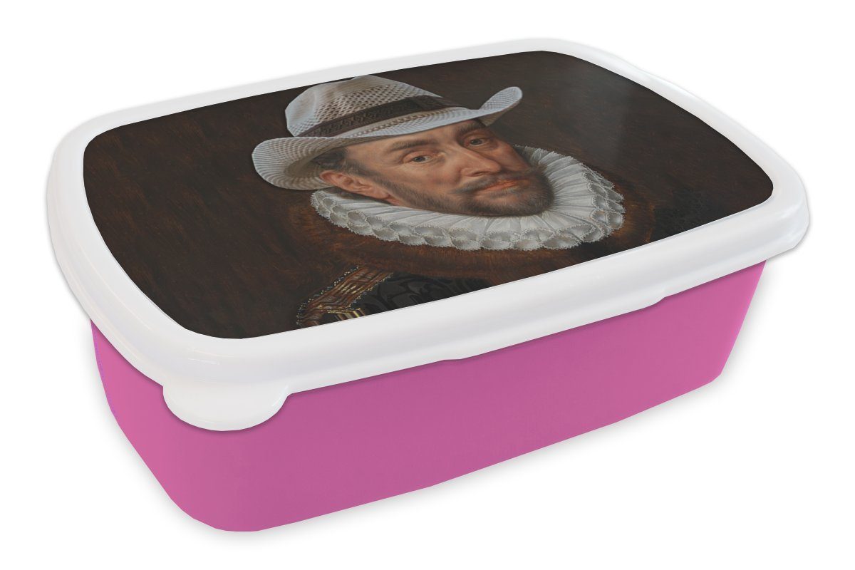 MuchoWow Lunchbox Wilhelm von Oranien - Adriaen Thomasz - Cowboyhut, Kunststoff, (2-tlg), Brotbox für Erwachsene, Brotdose Kinder, Snackbox, Mädchen, Kunststoff rosa