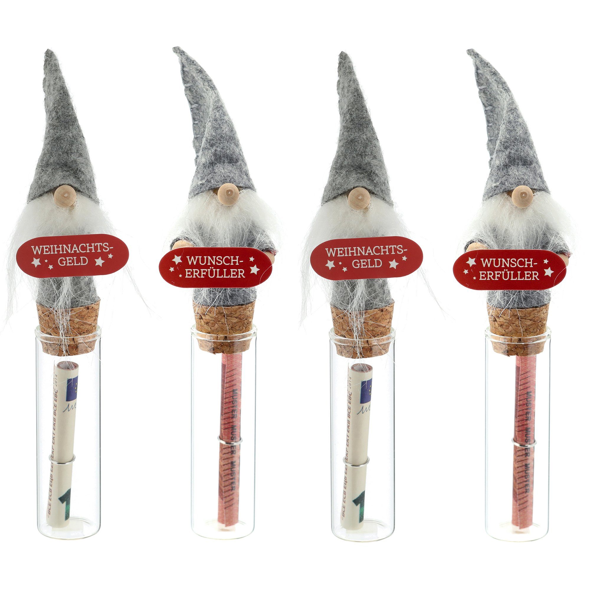 Annastore Geschenkbox 4 x Wichtel mit Glasröhrchen für Geldgeschenke H 15 cm, Geldverpackung, Verpackung für Geld Geschenk