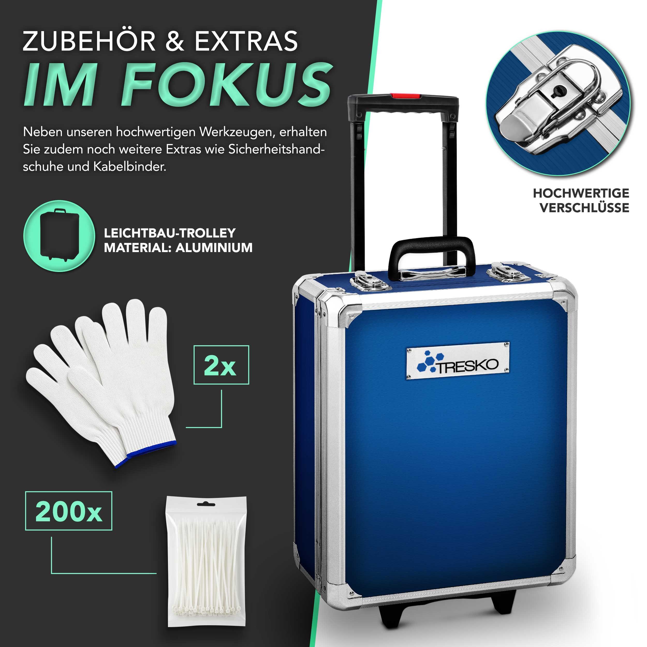 TRESKO Werkzeugset Werkzeugkoffer 1400 teilig XXL Set Werkzeugkasten gefüllt, (Chrom-Vanadium Stahl), Werkzeugkiste Profi Werkzeugtasche Werkzeug-Trolley