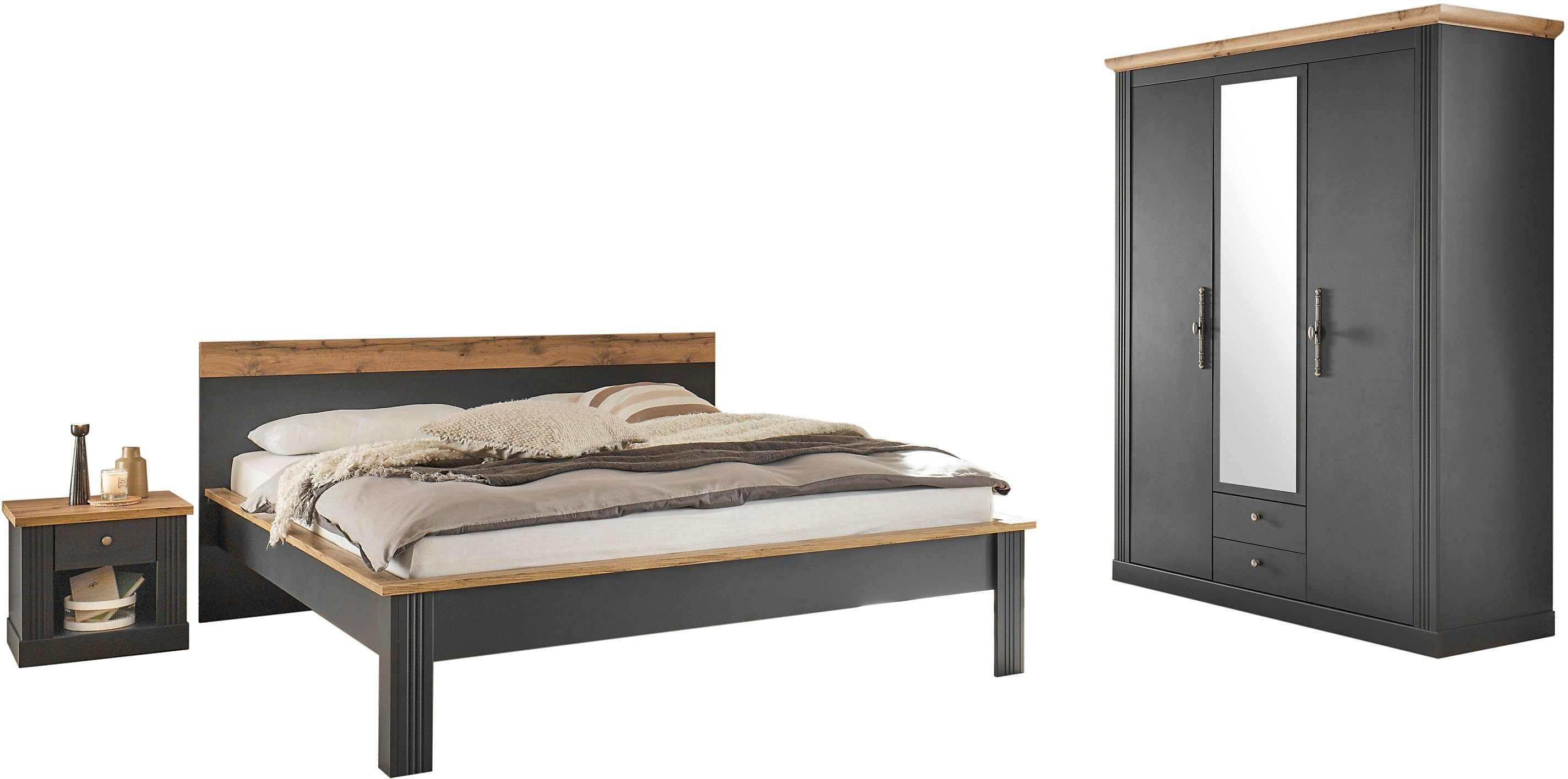 OTTO home Schlafzimmer-Set Westminster, beinhaltet 1 Bett, Kleiderschrank 3-türig und 2 Nachtkommoden